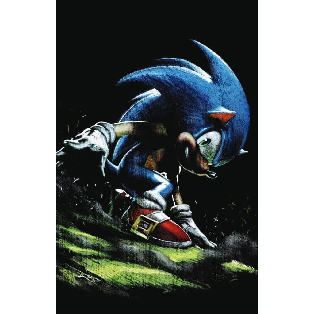 Blue hedgehog with white gloves and red shoes ready for action on dark ground in Sonic comic collection