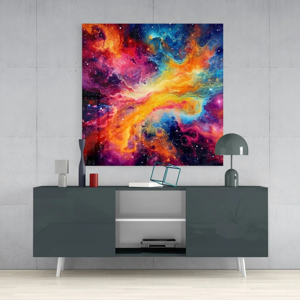 Vibrant cosmic nebula tempered glass art with swirling orange, pink, blue hues
