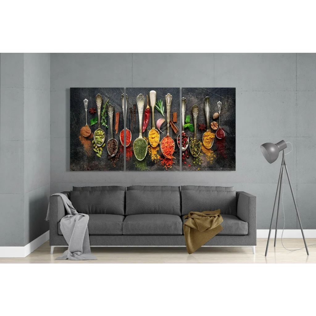 Vibrant spice spoons triptych canvas wall art on rustic background