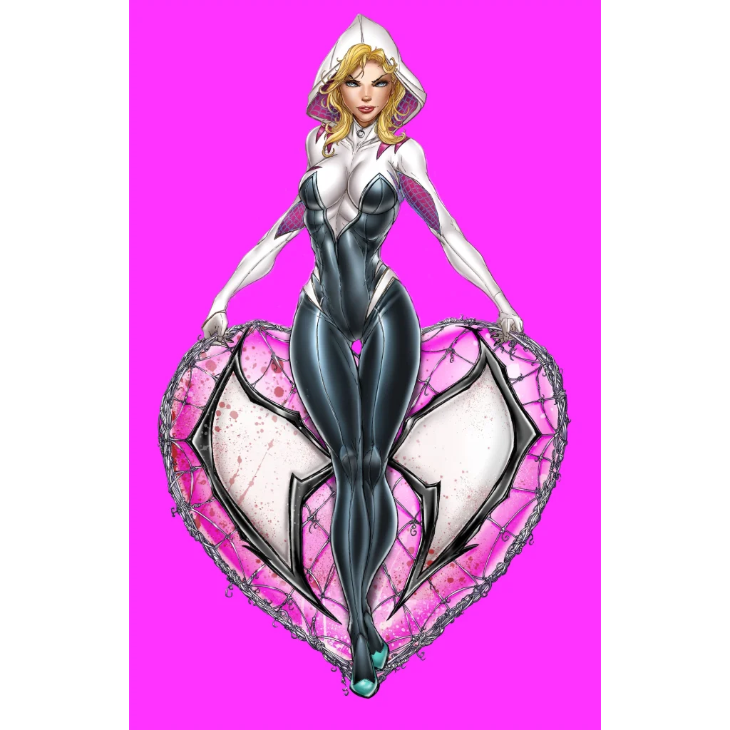 Spider-Gwen costume in white, black, purple on brushed aluminum poster