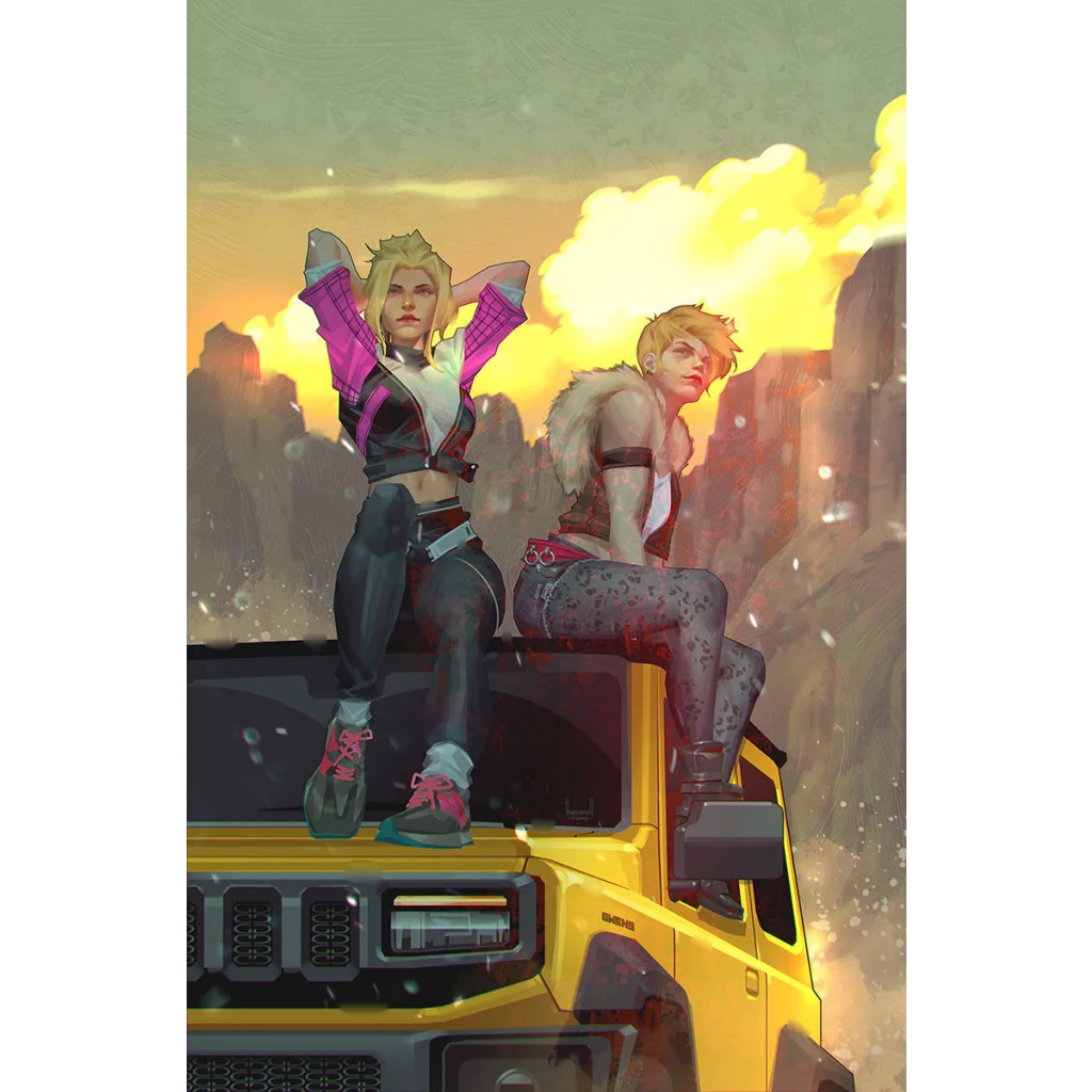 Two blonde women posing on a yellow off-road vehicle for Shadow Clones Kael Ngu Exclusive Virgin Cover