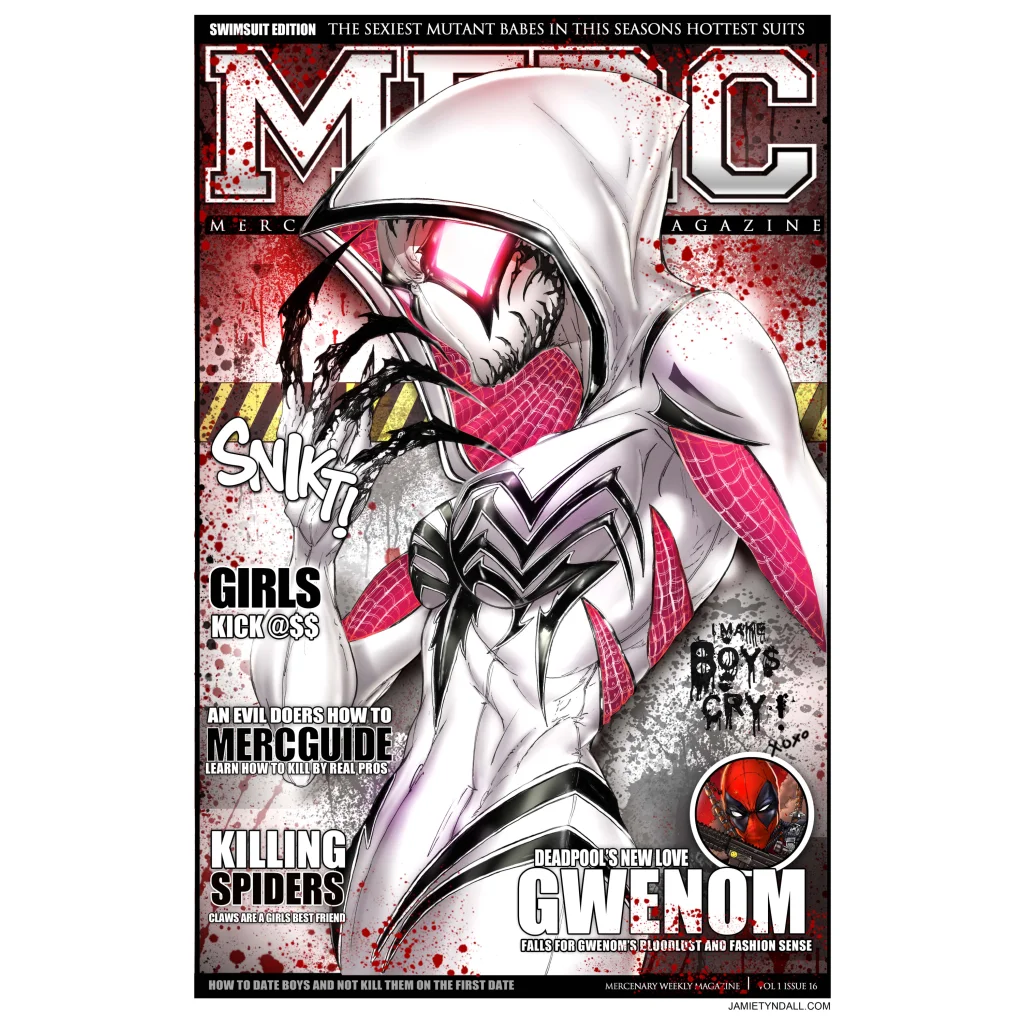Spider-Gwen swimsuit edition costume on brushed aluminum print