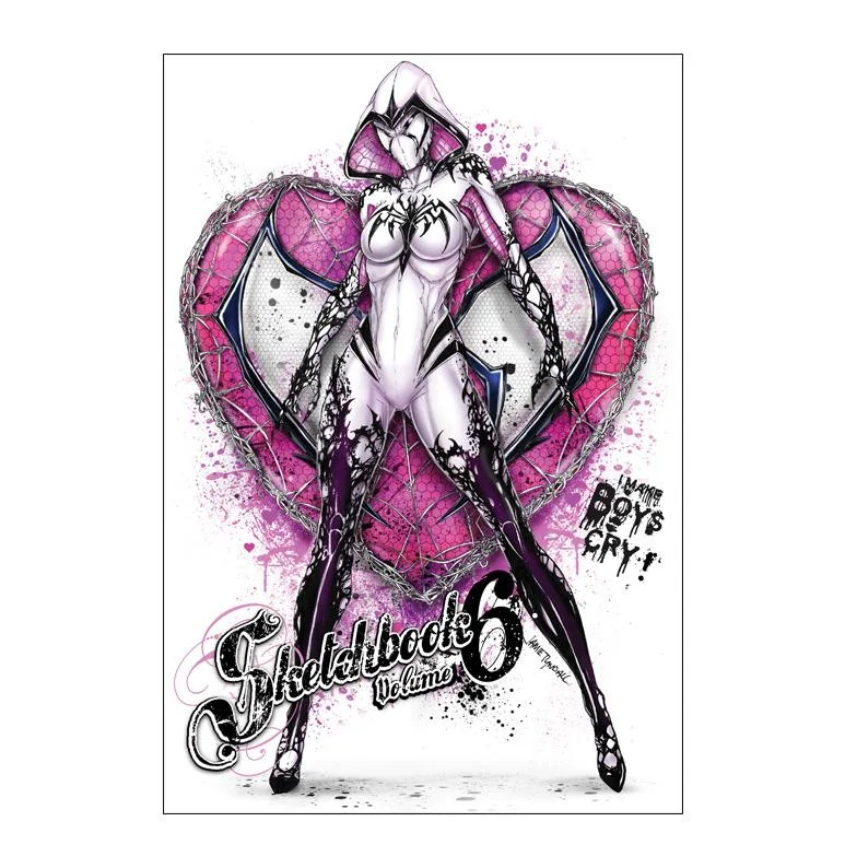 Stylized female spider hero girl in white black suit with pink accents before heart background