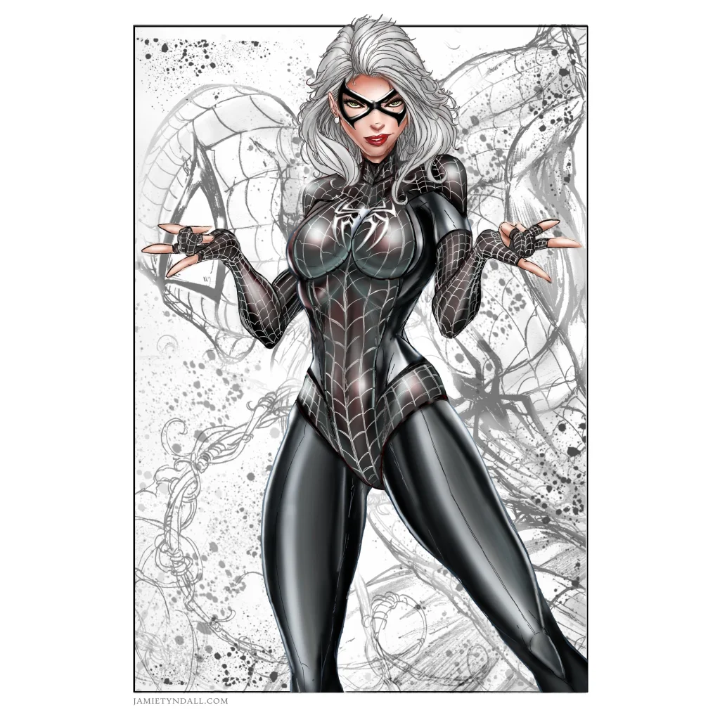 Glossy black and silver Spider Woman costume on brushed aluminum print