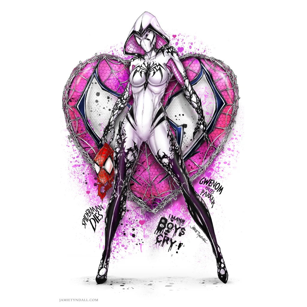 Stylized Spider-Woman in black white suit holding red Spider-Man mask on brushed aluminum print