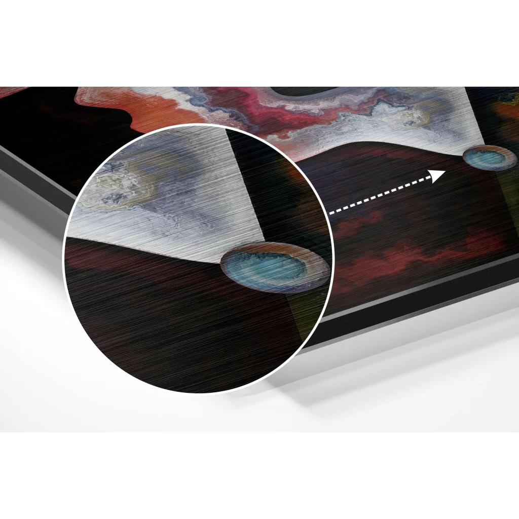 Abstract swirling red black gray art on brushed aluminium dibond panel