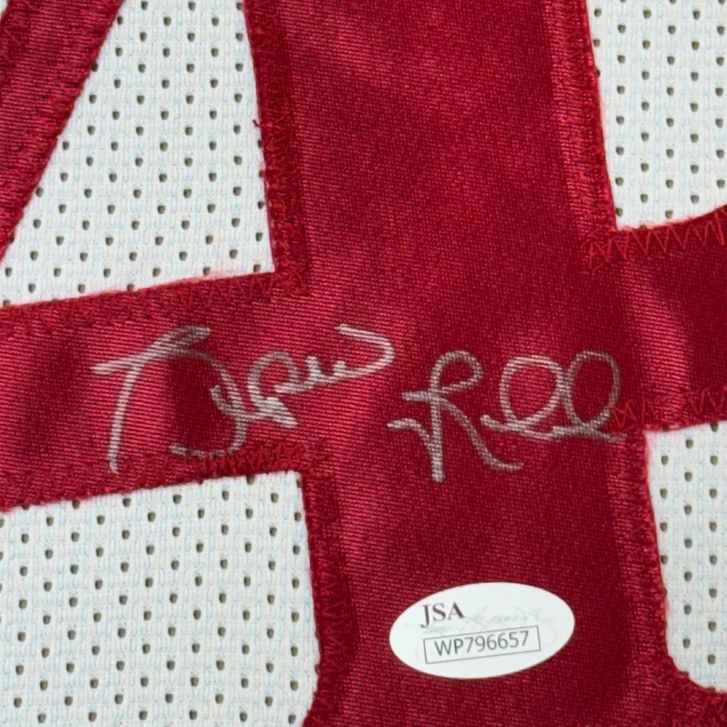 Autographed Red and White Atlanta Hawks Jersey with JSA authentication sticker for your man cave