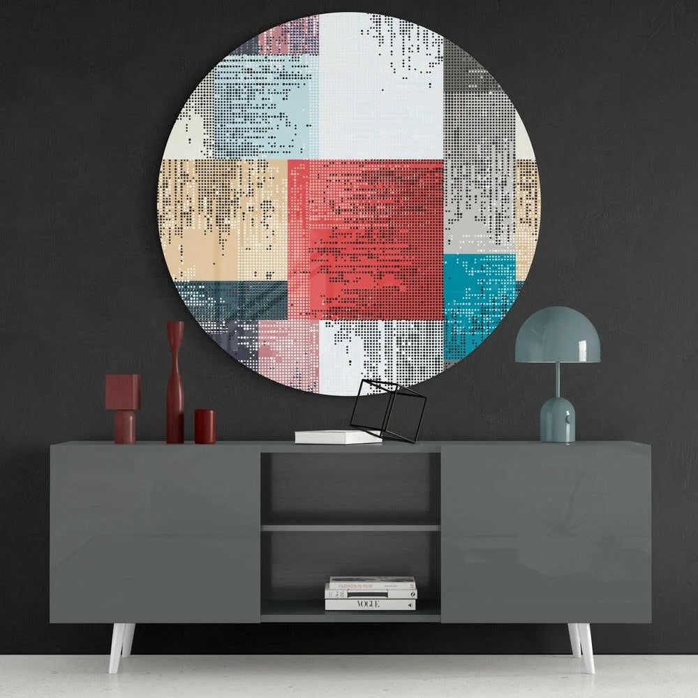 Stunning tempered glass art of circular pixel mosaic in red blue beige tones