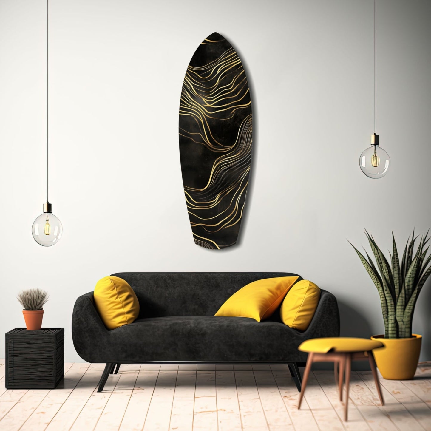 Surfboard Shaped Flowing Line Golden Waves Glass Wall Art
