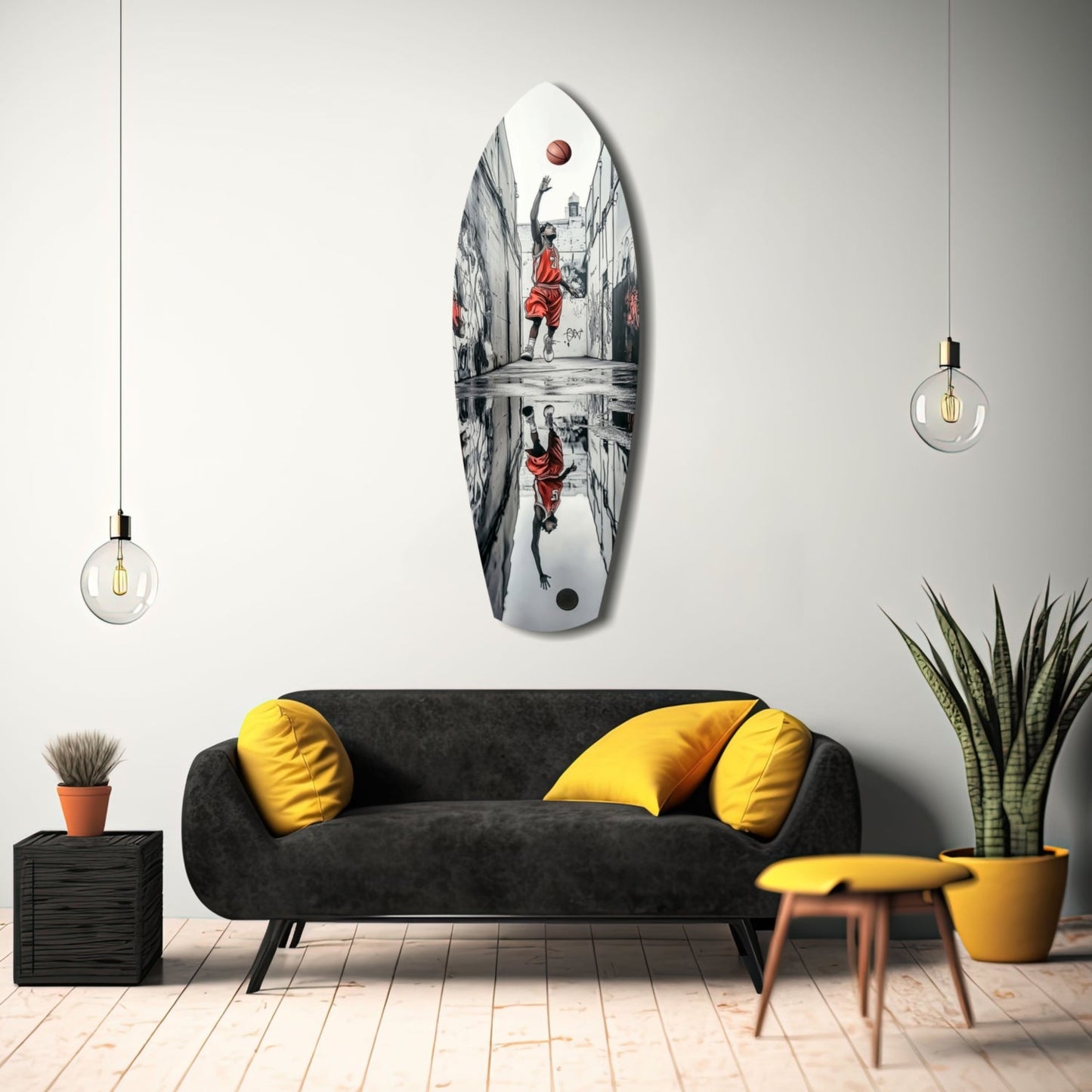 Oval glass wall art featuring black and white street scene with red-clothed basketball player shooting ball, displayed above black sofa with yellow pillows.