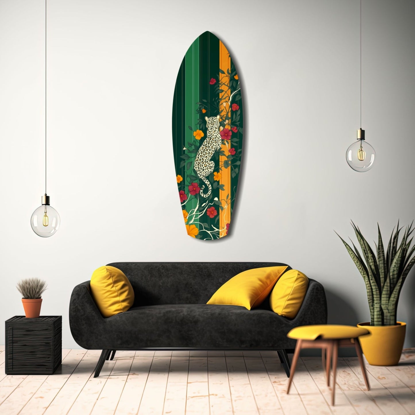 Tiger in the Jungle Glass Wall Art displayed above a black sofa with yellow pillows in a modern living room setting.