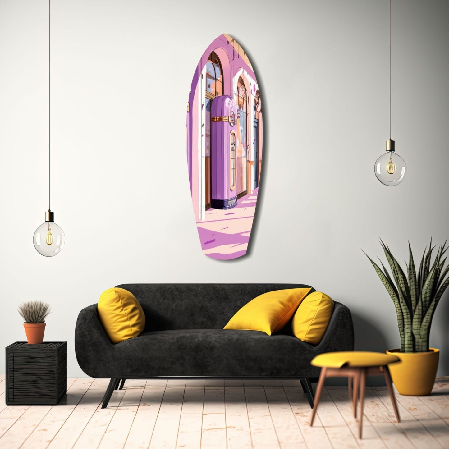 Vintage Melody Box Glass Wall Art displayed above black sofa with yellow pillows in modern living room setting.