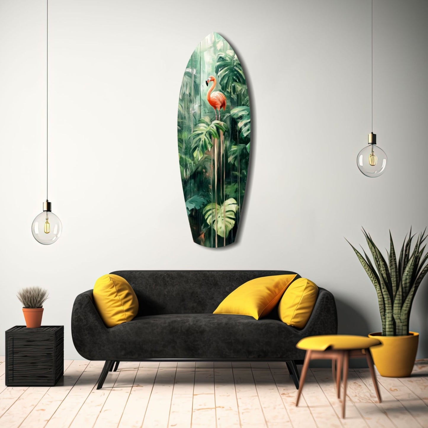 Tropical Flamingo Haven glass wall art displayed above black sofa with yellow pillows in modern living room setting.