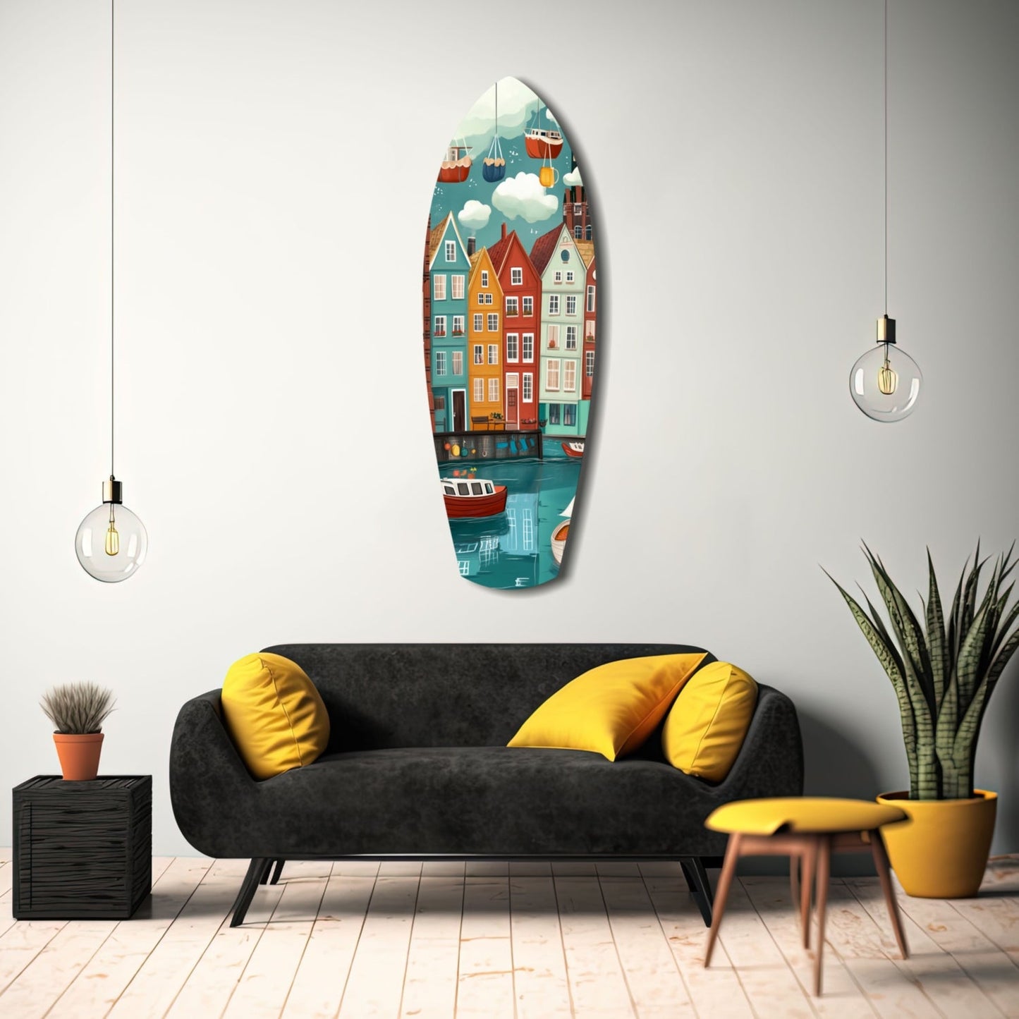 Vertical oval glass wall art displaying colorful coastal buildings, boats, and hot air balloons, hung above a black sofa with yellow pillows in a modern living room.