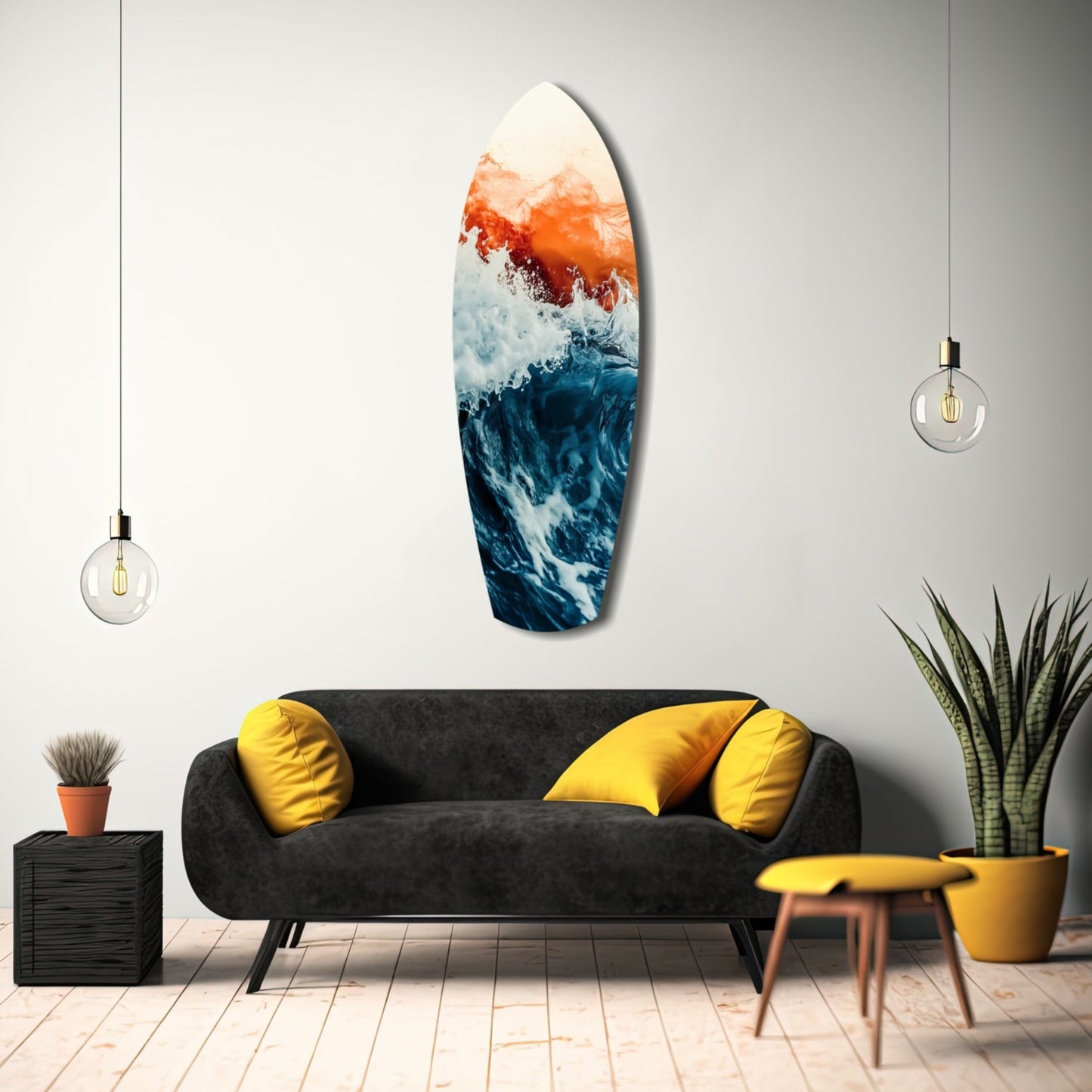 Surfboard-shaped glass wall art displaying layered ocean and mountain imagery in orange, white, and blue tones, displayed above a black sofa with yellow pillows in a modern living room.