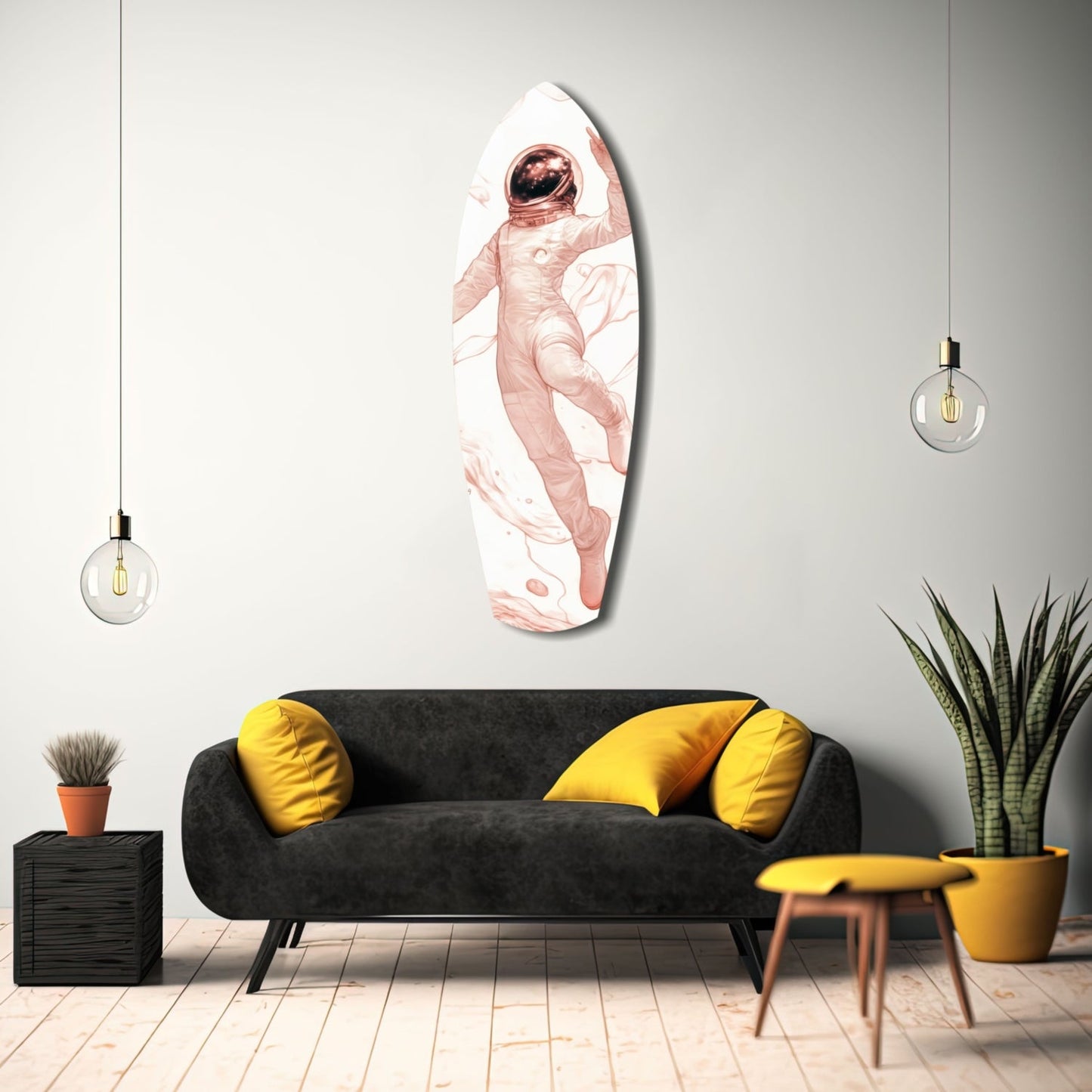 Astronaut in Ocean glass wall art displayed above black sofa with yellow pillows in modern living room setting.