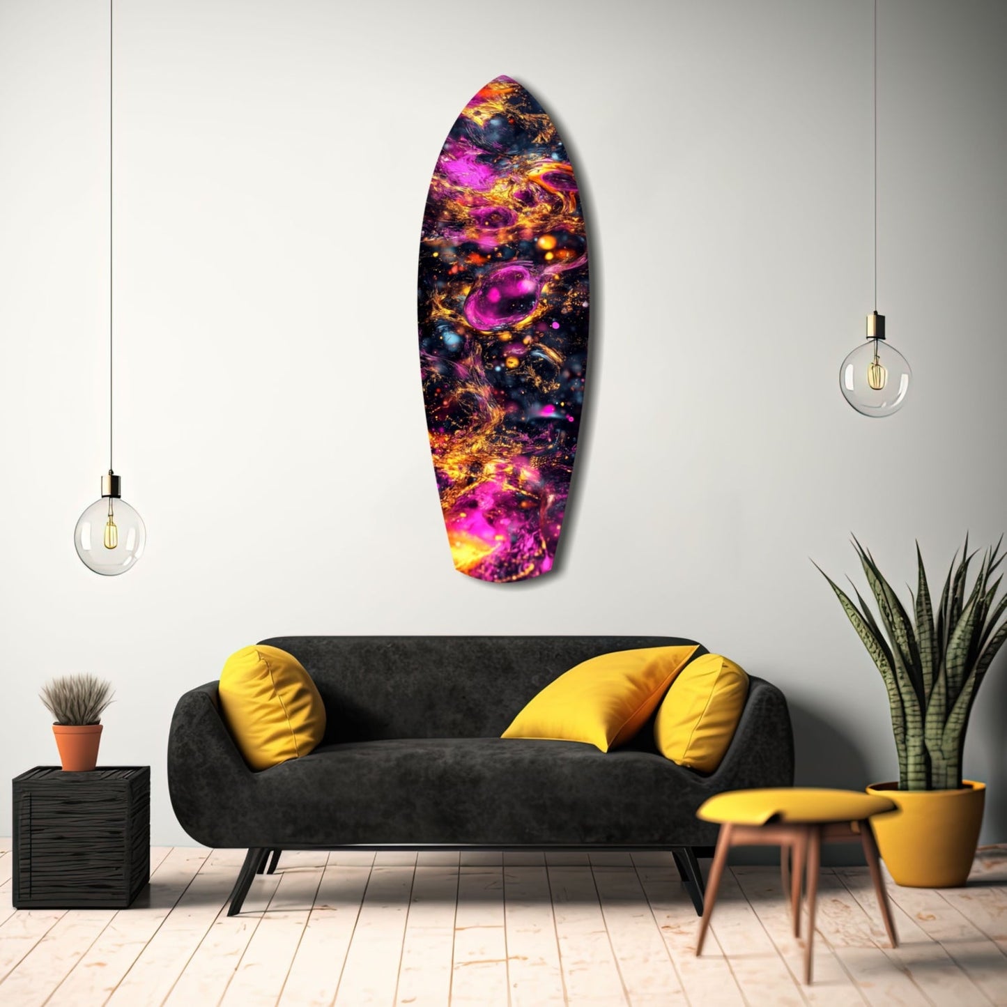 Magenta Gold Cosmic Bubbles Surfboard Glass Wall Art
