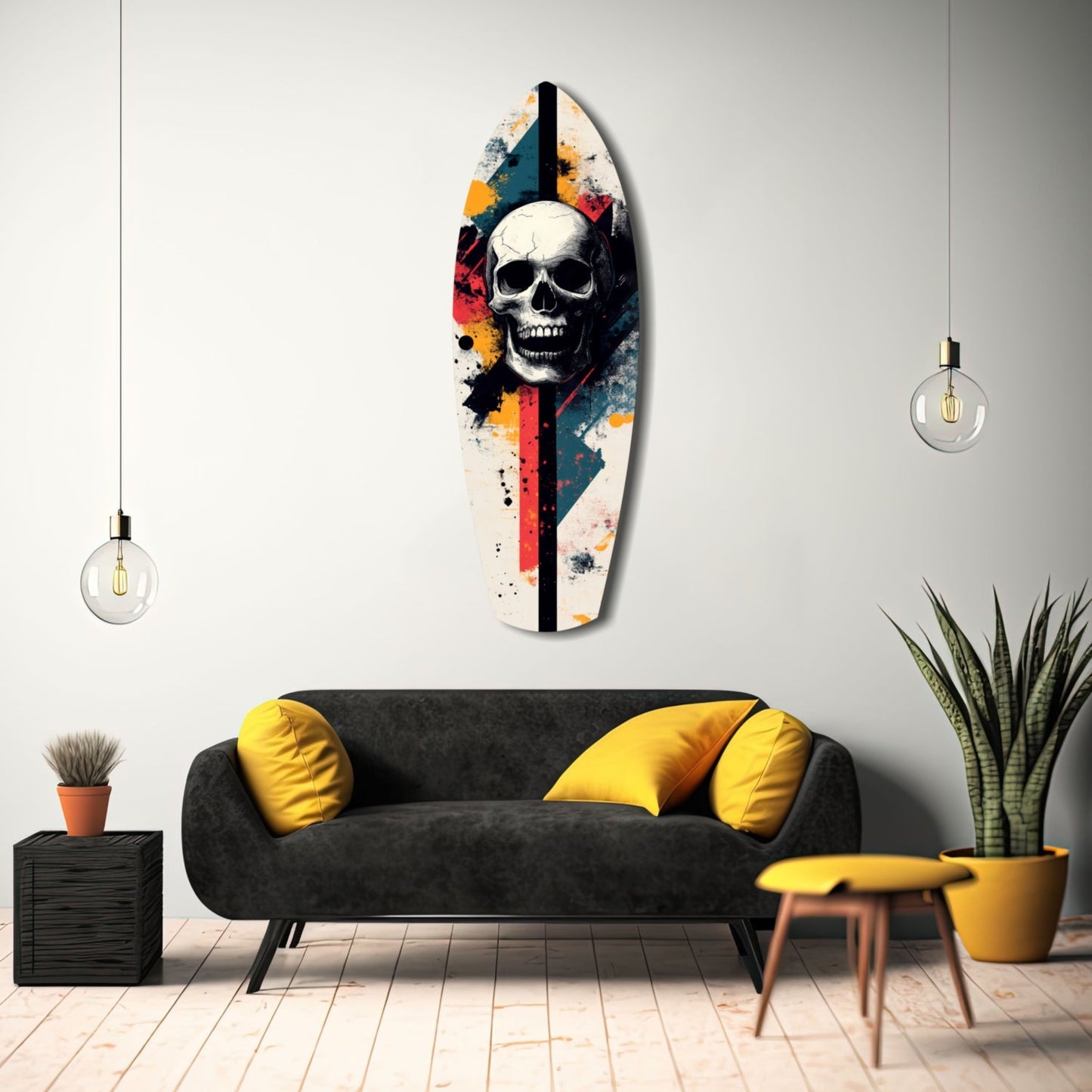 Grunge Surfboard Skull Glass Wall Art