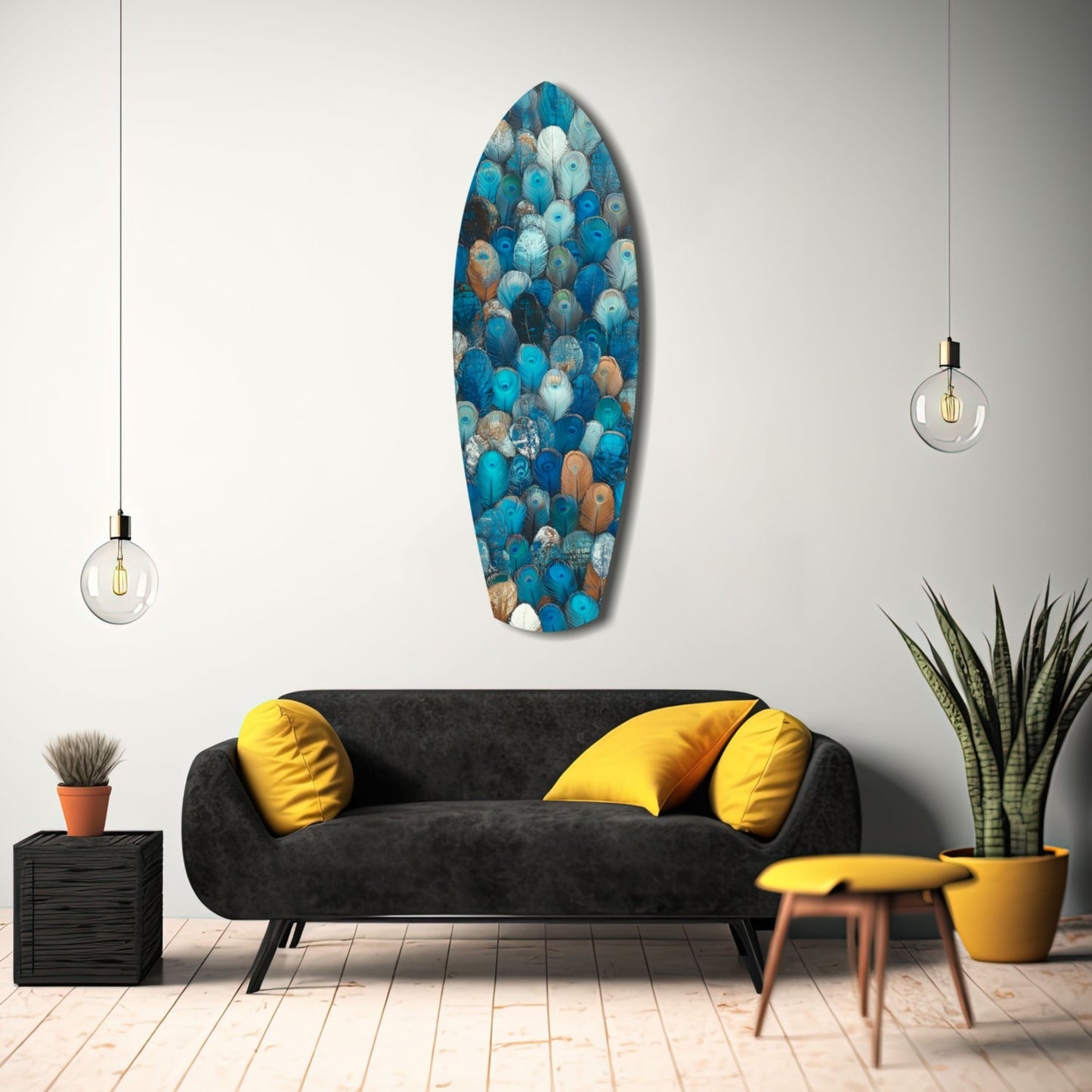 Blue and teal glass wall art with feather design above black sofa with yellow pillows in modern living room.
