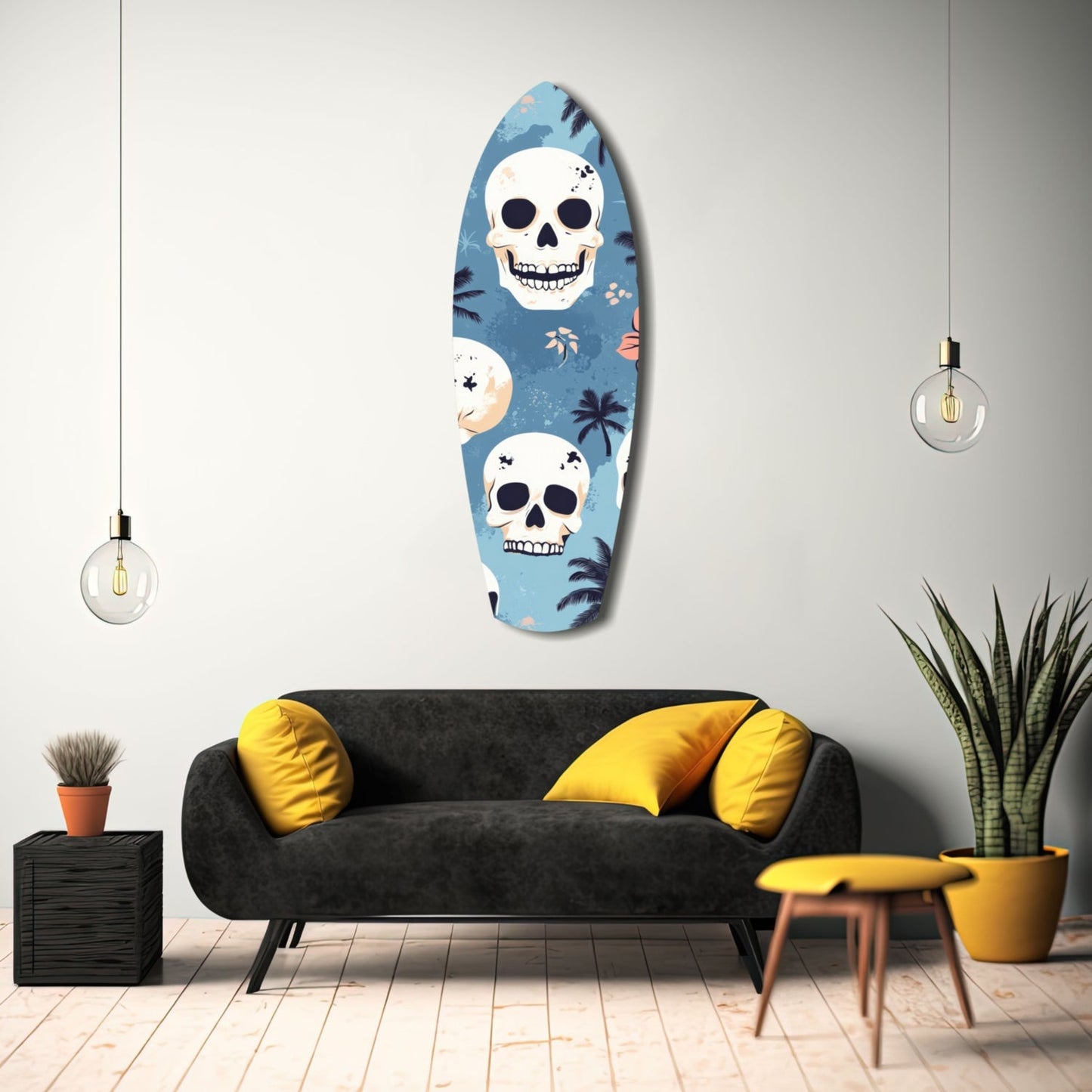 Oval glass wall art featuring white skulls and tropical palm leaves on blue background, displayed above black sofa with yellow pillows in modern living room setting.