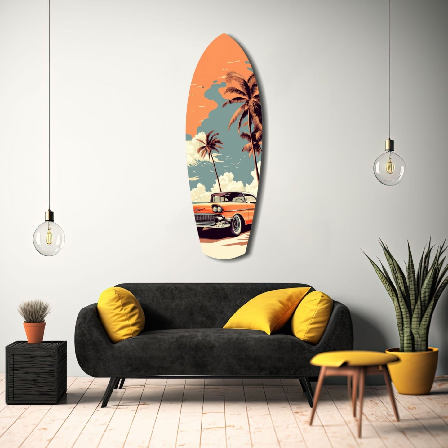 Surfboard-shaped glass wall art displaying vintage orange car, palm trees, and orange sky above black sofa with yellow pillows.