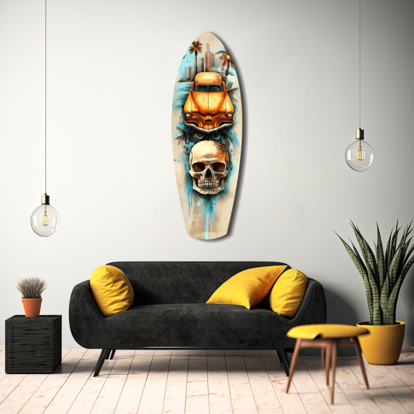 Retro Rides Rebel Skulls glass wall art mounted above black sofa with yellow pillows in modern interior setting.