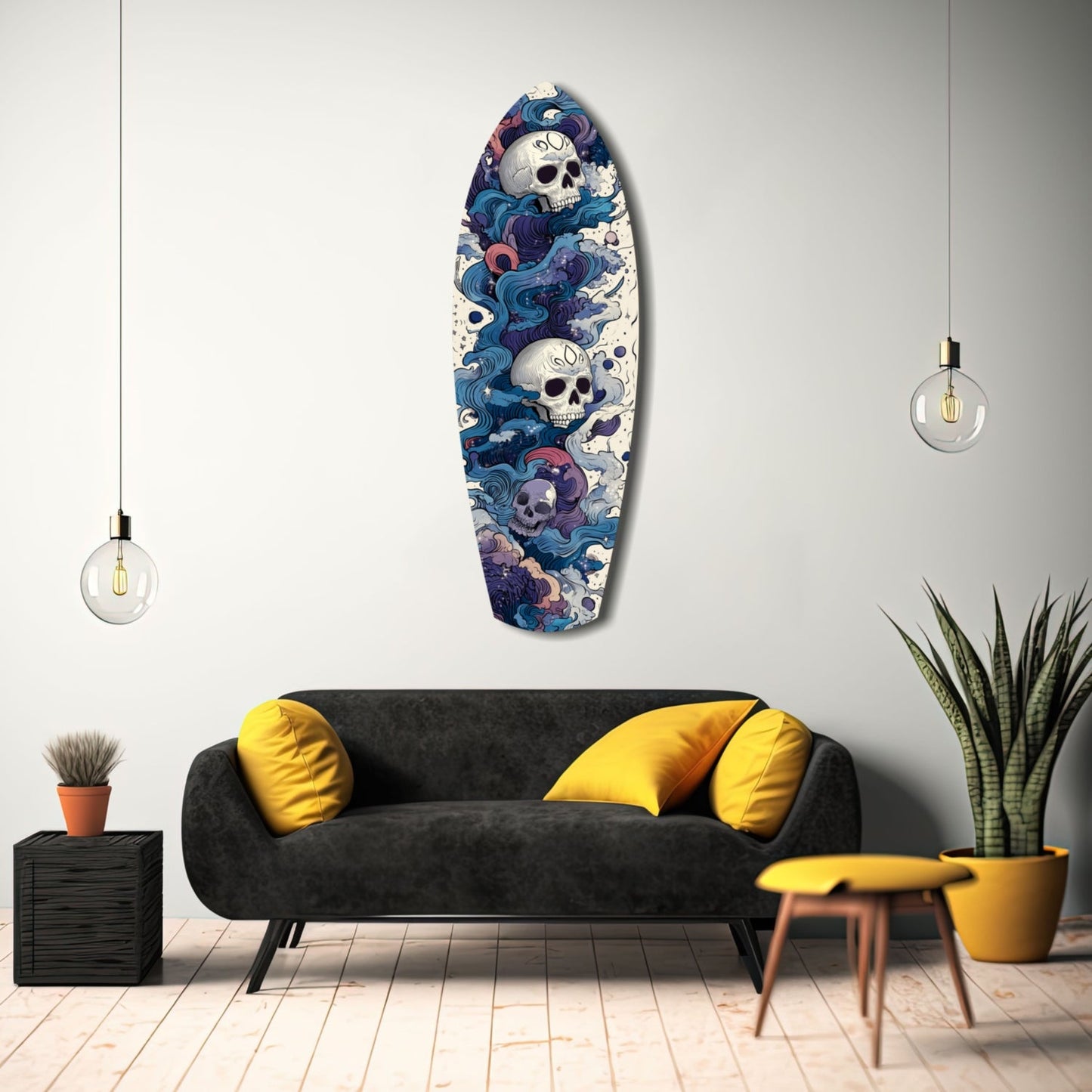 Blue Wave Swirl Skulls Surfboard Glass Wall Art