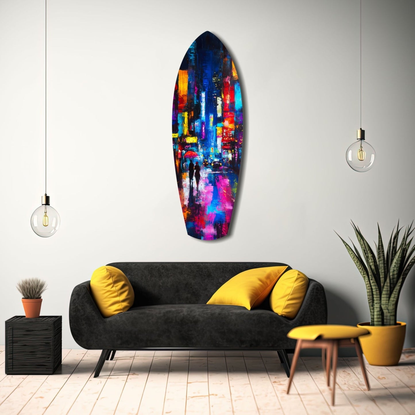Colorful glass wall art featuring a vibrant rainy city street scene displayed above a black sofa with yellow pillows.