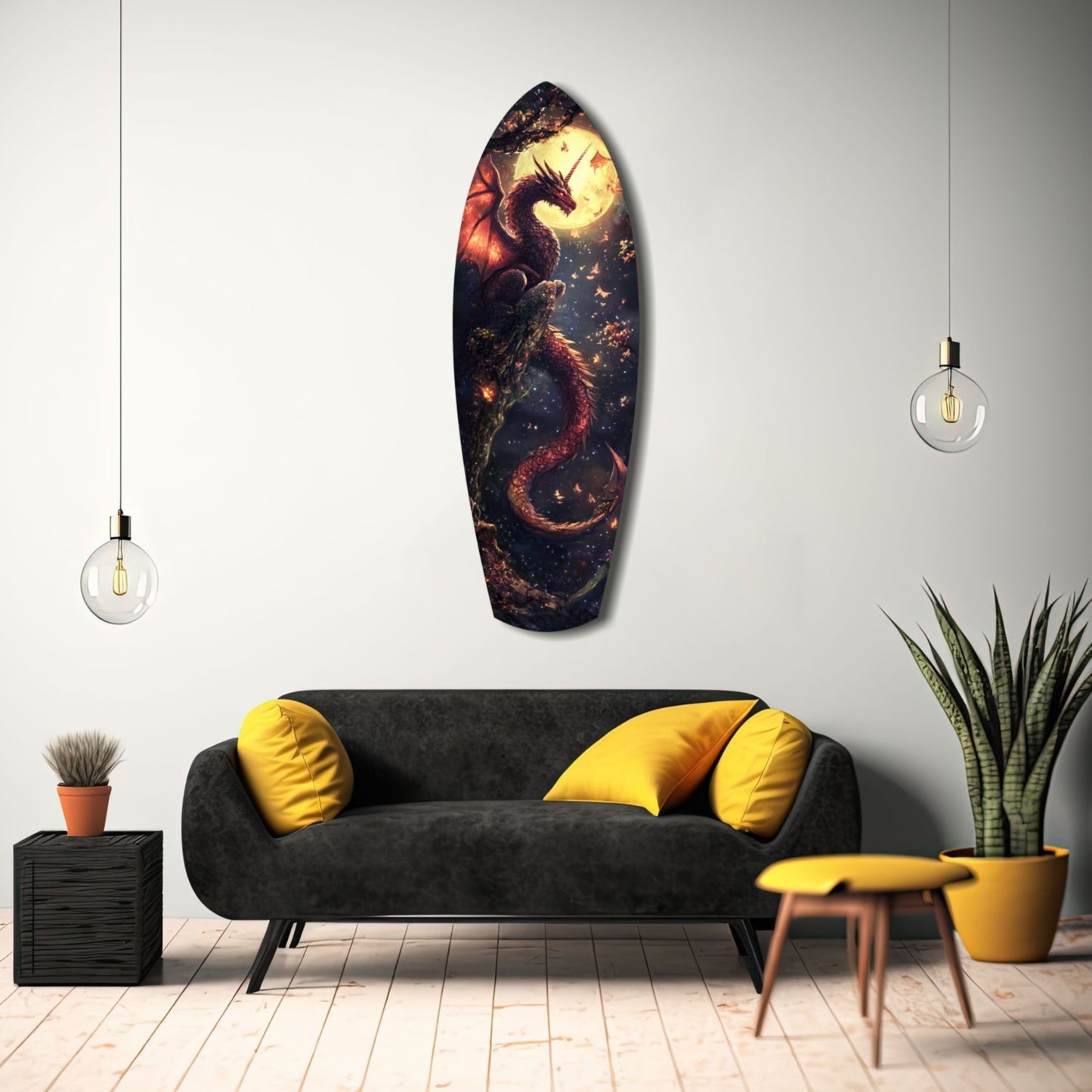 Dragon glass wall art displaying glowing moon and fiery red dragon silhouette, mounted above black sofa with yellow pillows.