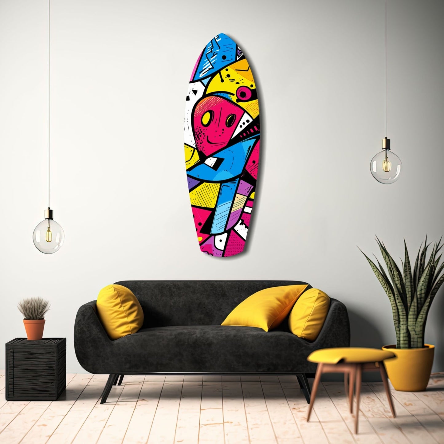 Colorful geometric glass wall art with pink, blue, yellow, and black abstract design displayed above black sofa in modern living room.