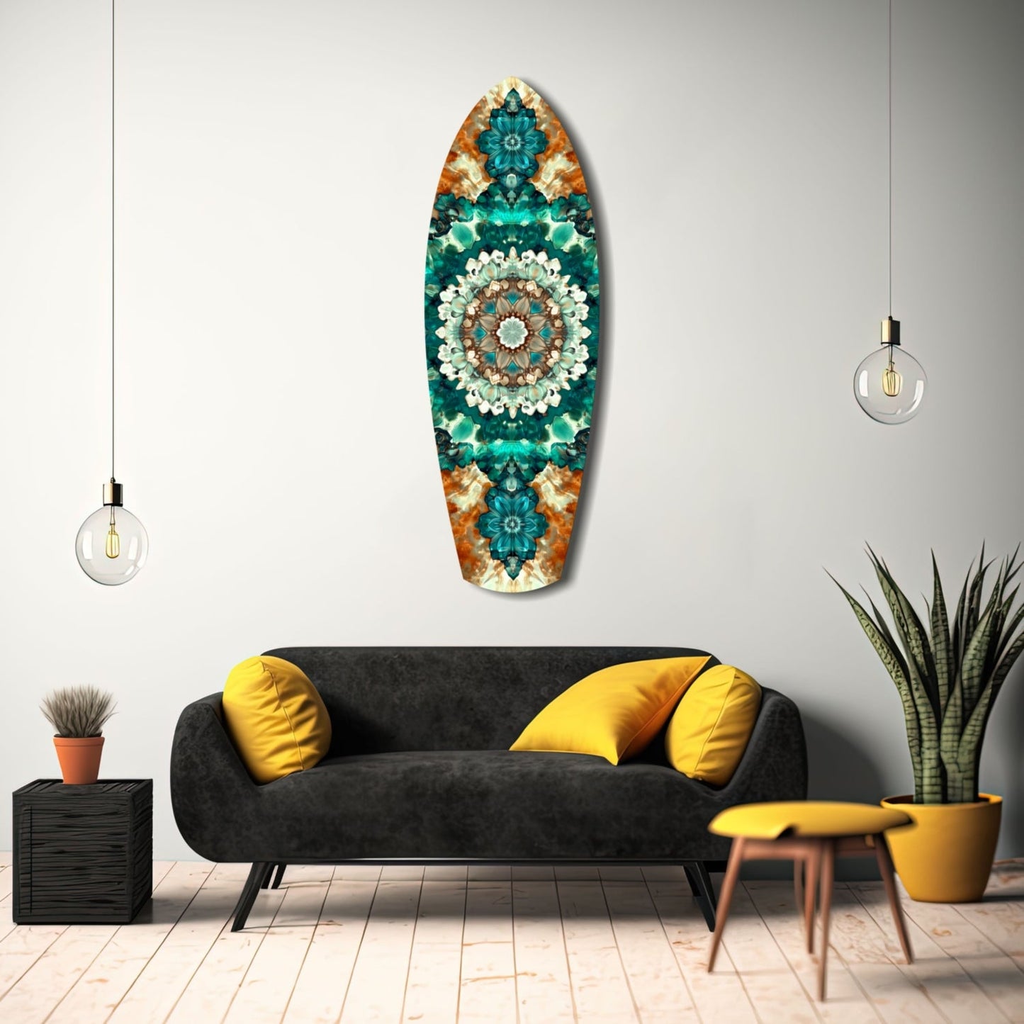 Emerald Dreams Glass Wall Art displayed above a black sofa with yellow pillows in a modern living room interior.