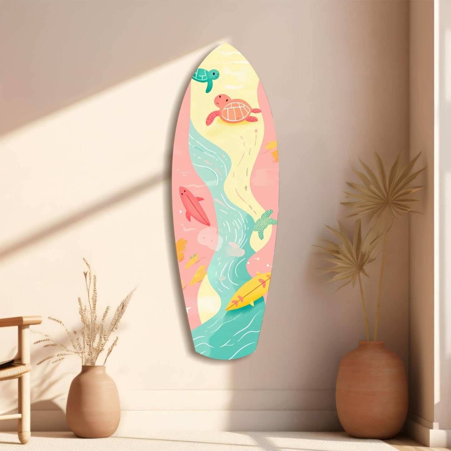 Surfboard-shaped wall art with sea turtles and fish on pink, yellow, and turquoise background, displayed on beige wall beside decorative vases.