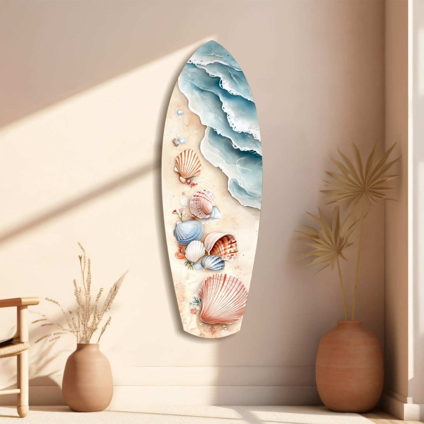 Surfboard-shaped glass wall art displaying layered ocean waves in blue tones and seashells in coral and cream, displayed in a minimalist room with dried plant décor.