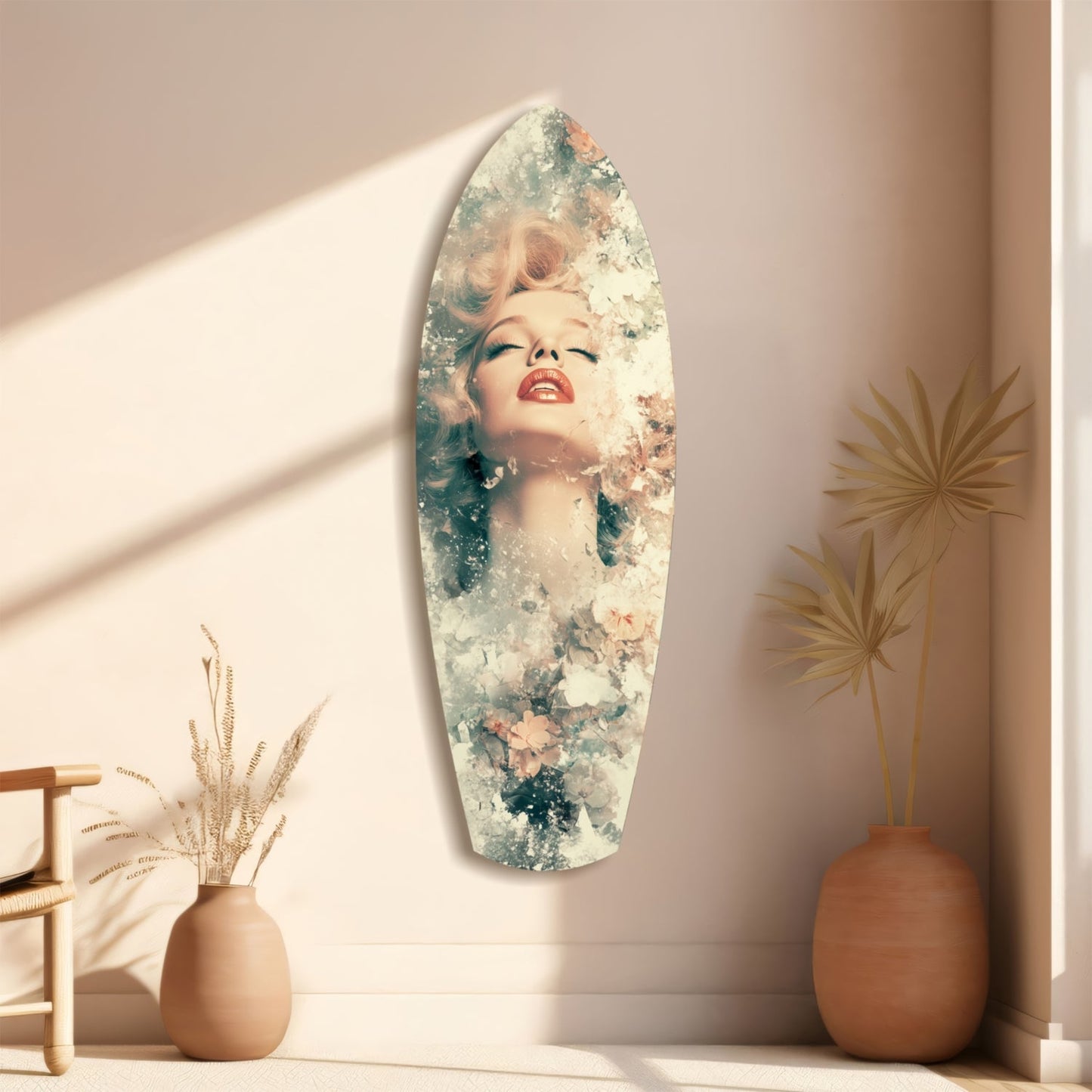 Oval glass wall art featuring a portrait with blonde hair and red lips blended with floral elements, displayed on a beige wall beside ceramic vases.