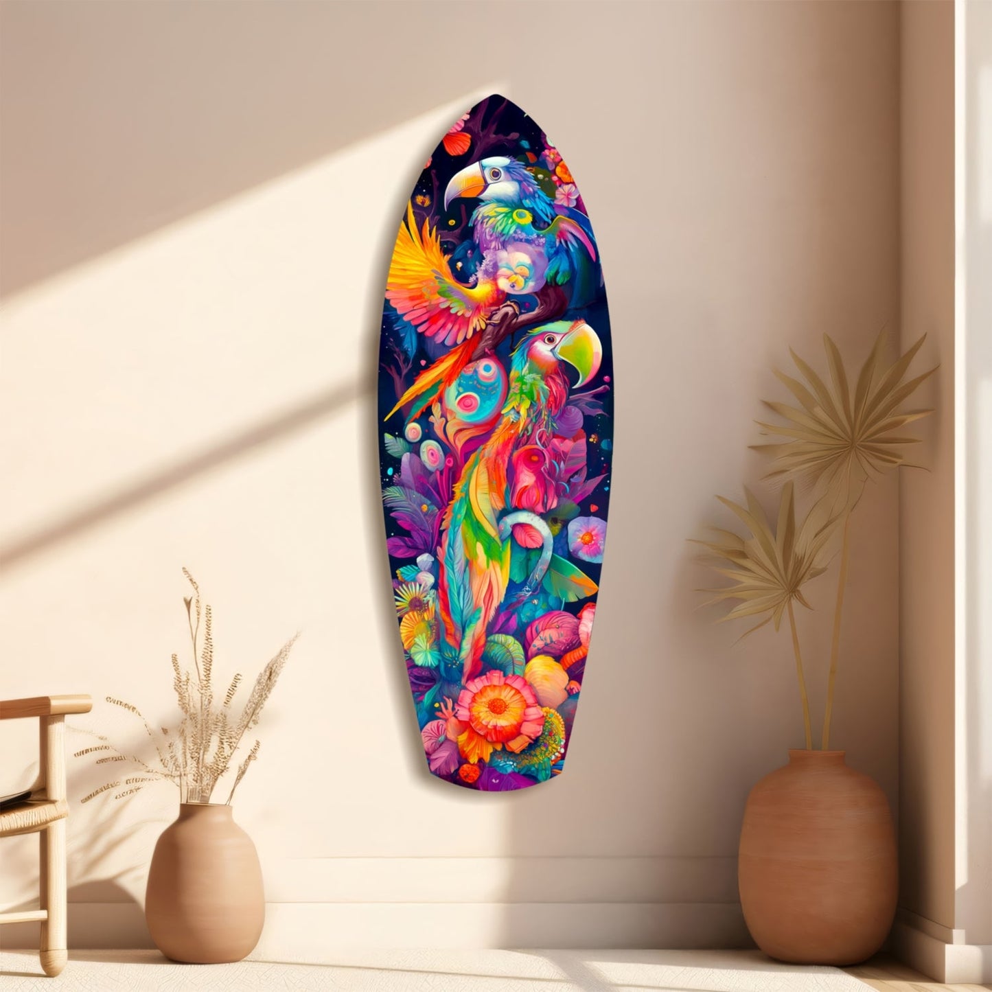 Vibrant oval glass wall art featuring colorful parrots and tropical flowers on dark background, displayed on beige wall with decorative vases.