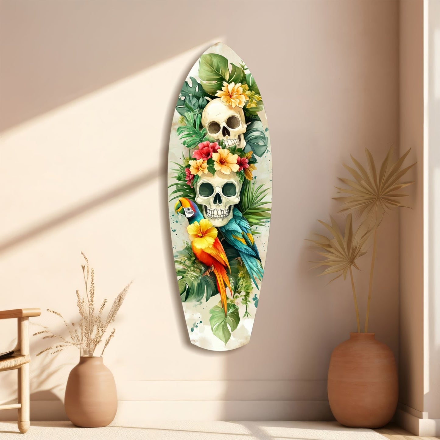 Oval glass wall art featuring two stacked skulls adorned with colorful flowers, tropical leaves, and a parrot, displayed on a beige wall beside ceramic vases.