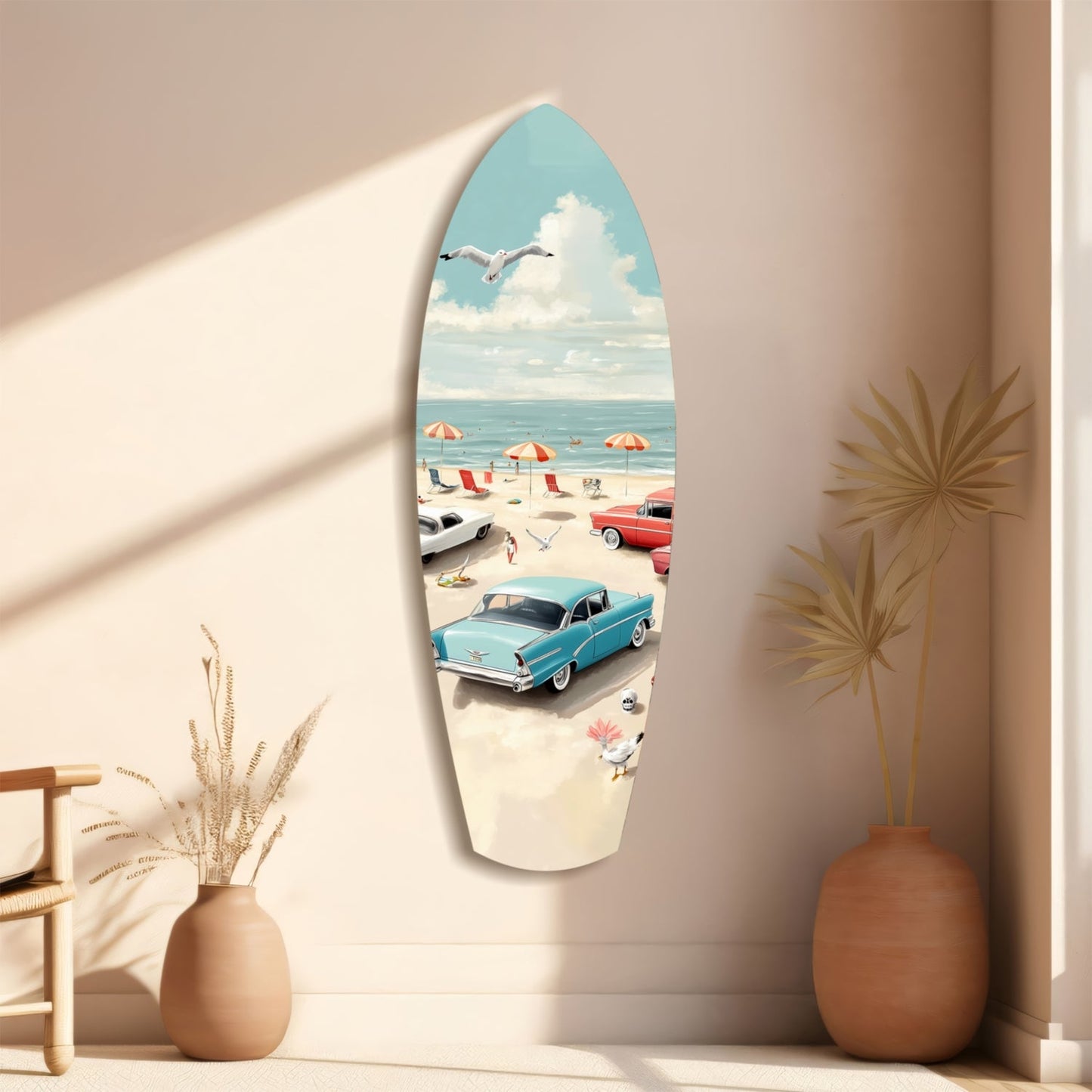 Surfboard-shaped glass wall art featuring a vintage beach scene with turquoise car, umbrellas, and seagull, displayed on beige wall beside terracotta vases.