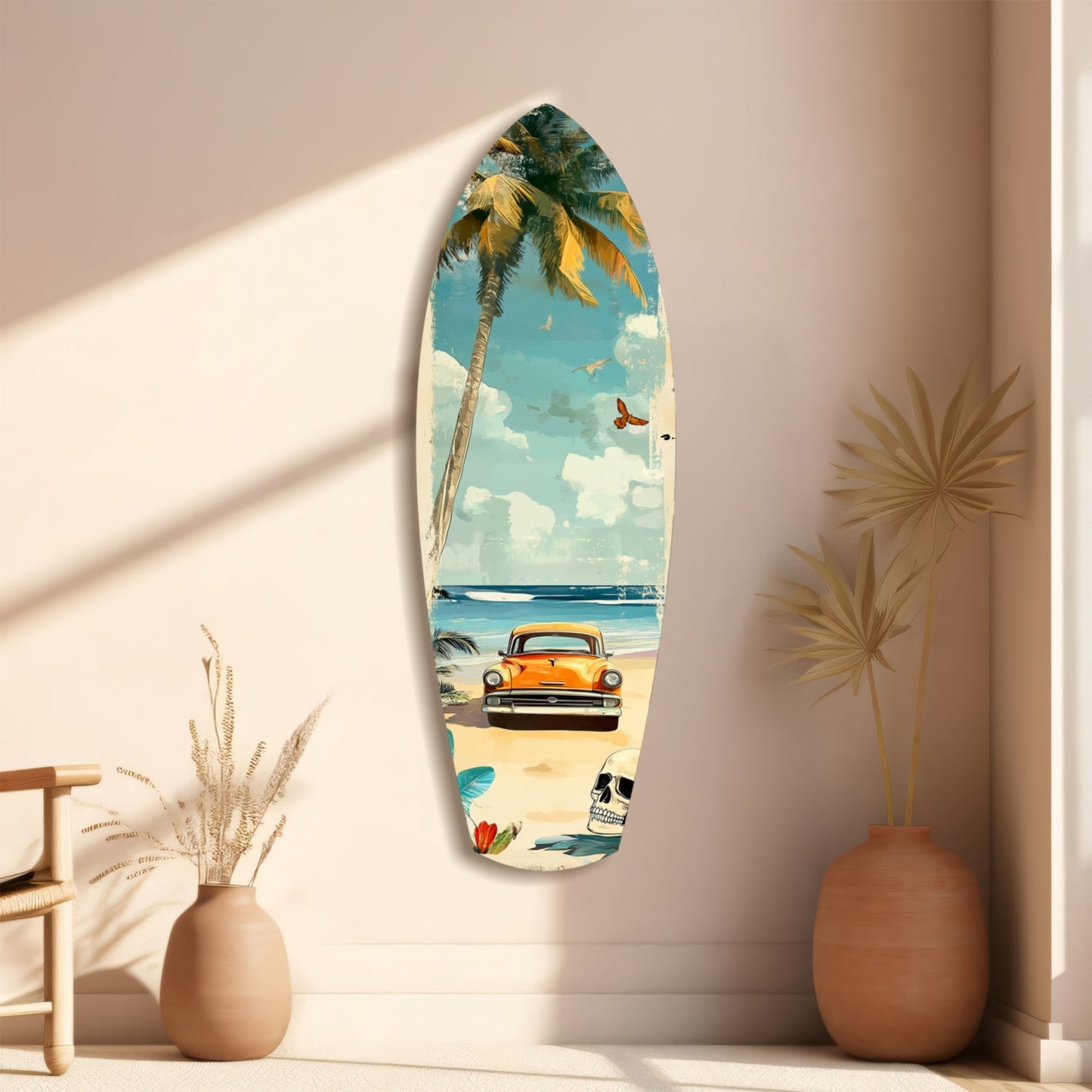 Surfboard-shaped glass wall art displaying vintage car and palm tree beach scene, hung on beige wall beside ceramic vases.