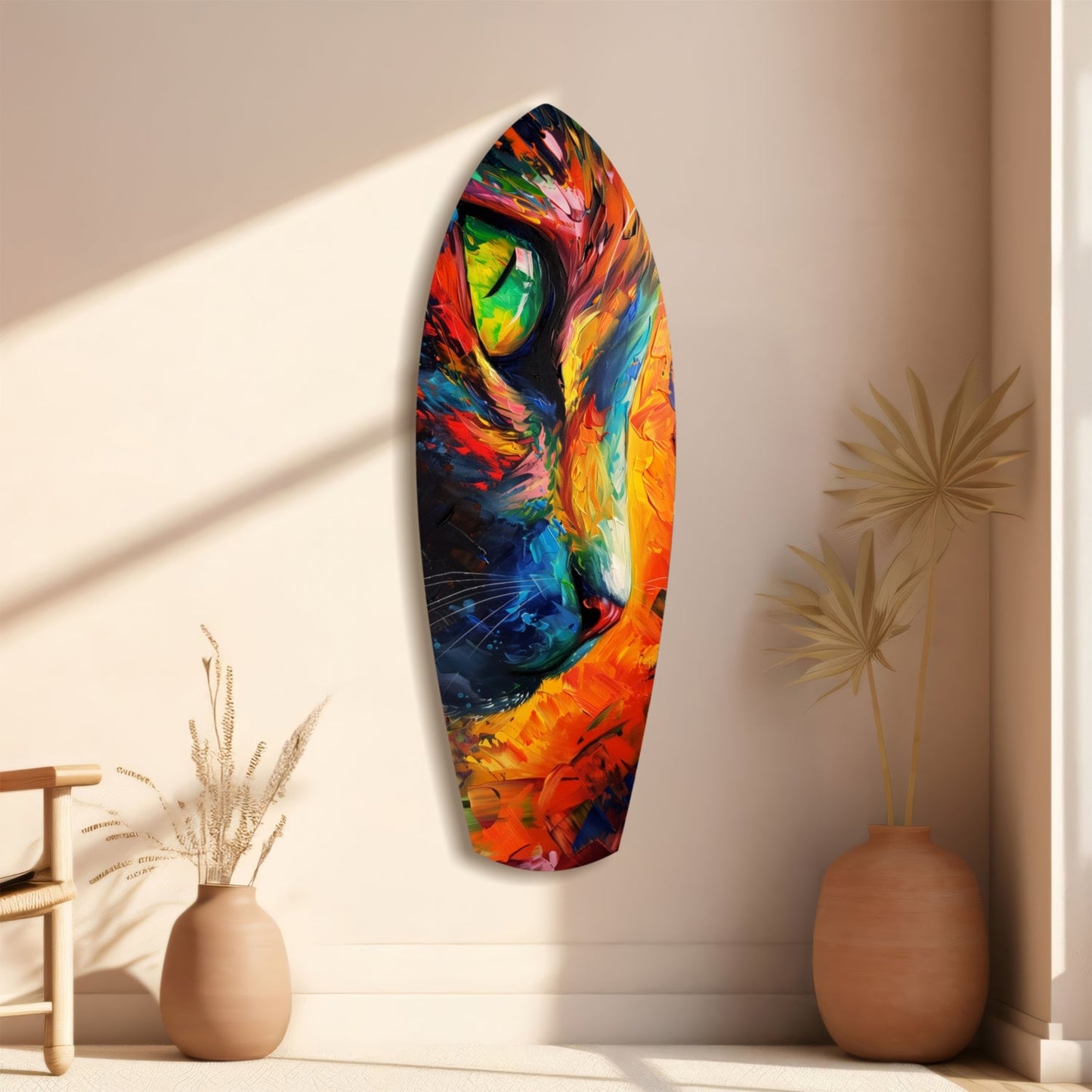 Colorful cat face glass wall art hanging in bright room with beige vases and dried flowers.