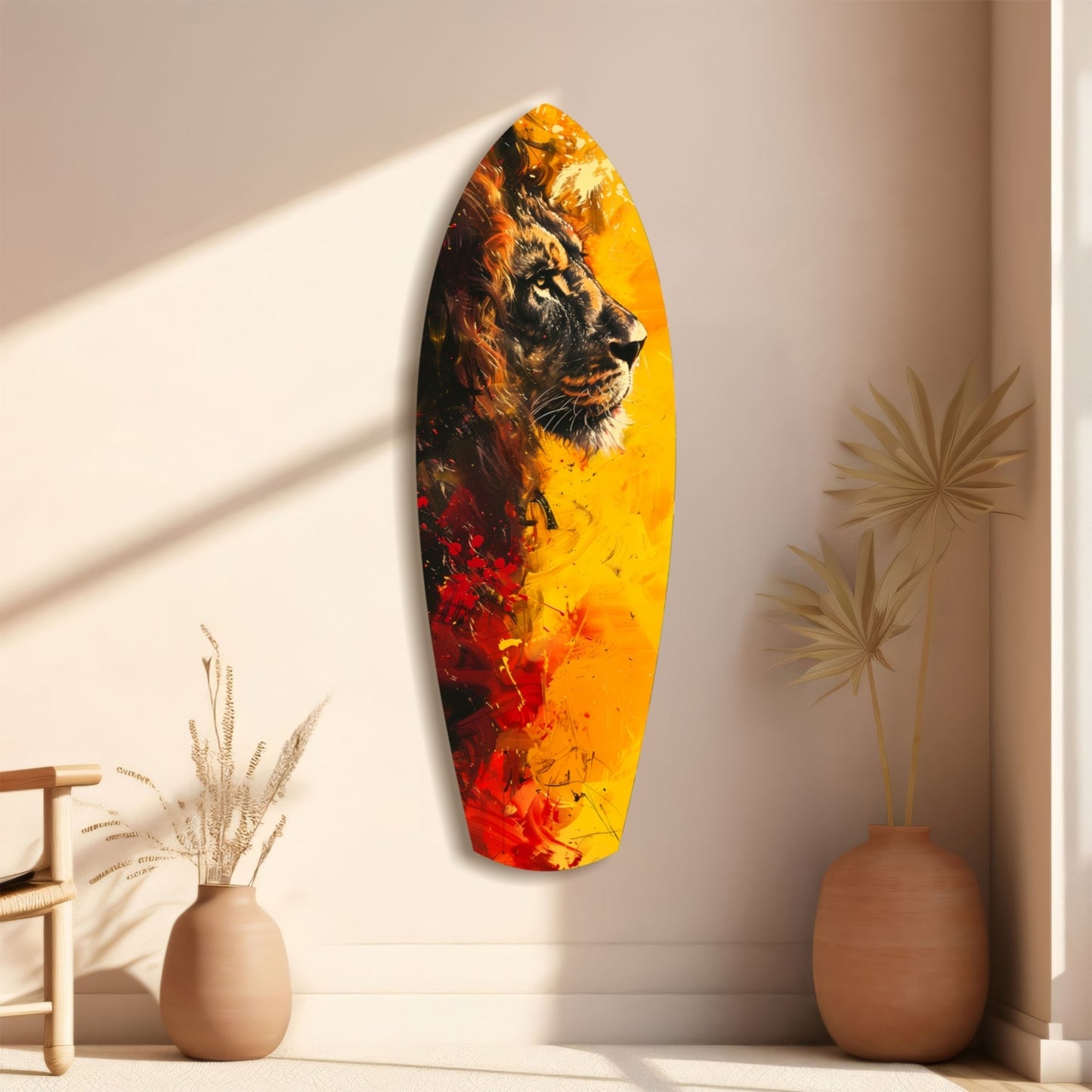 Lion Pride V2 glass wall art displayed vertically on beige wall, featuring lion's profile in warm yellow, orange, and red gradient with floral elements.