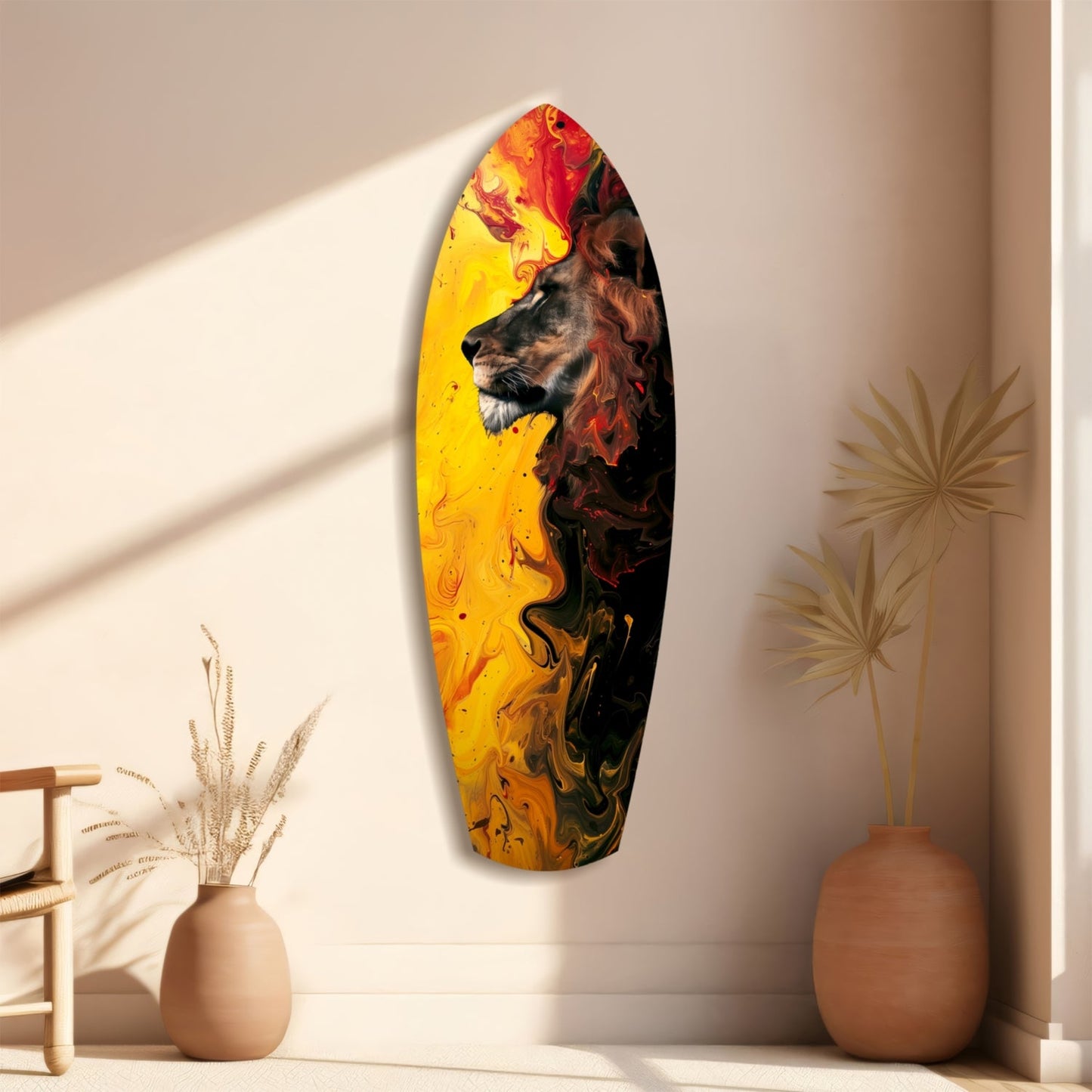 Lion Pride V3 glass wall art displayed on beige wall with yellow, red, and black swirled design featuring lion head portrait.