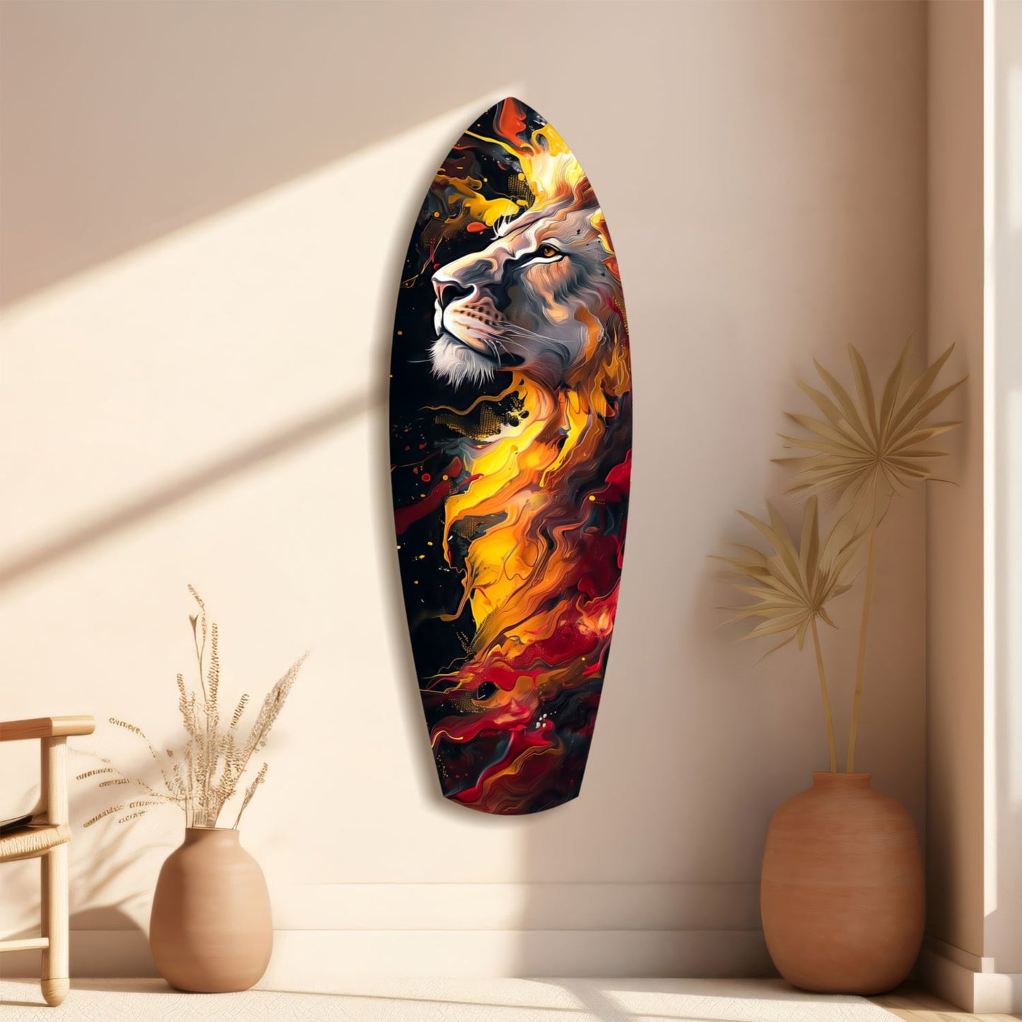 Lion Pride V4 glass wall art mounted vertically displaying a lion's face with vibrant orange, red, and yellow flame effects against a neutral interior with ceramic vases.