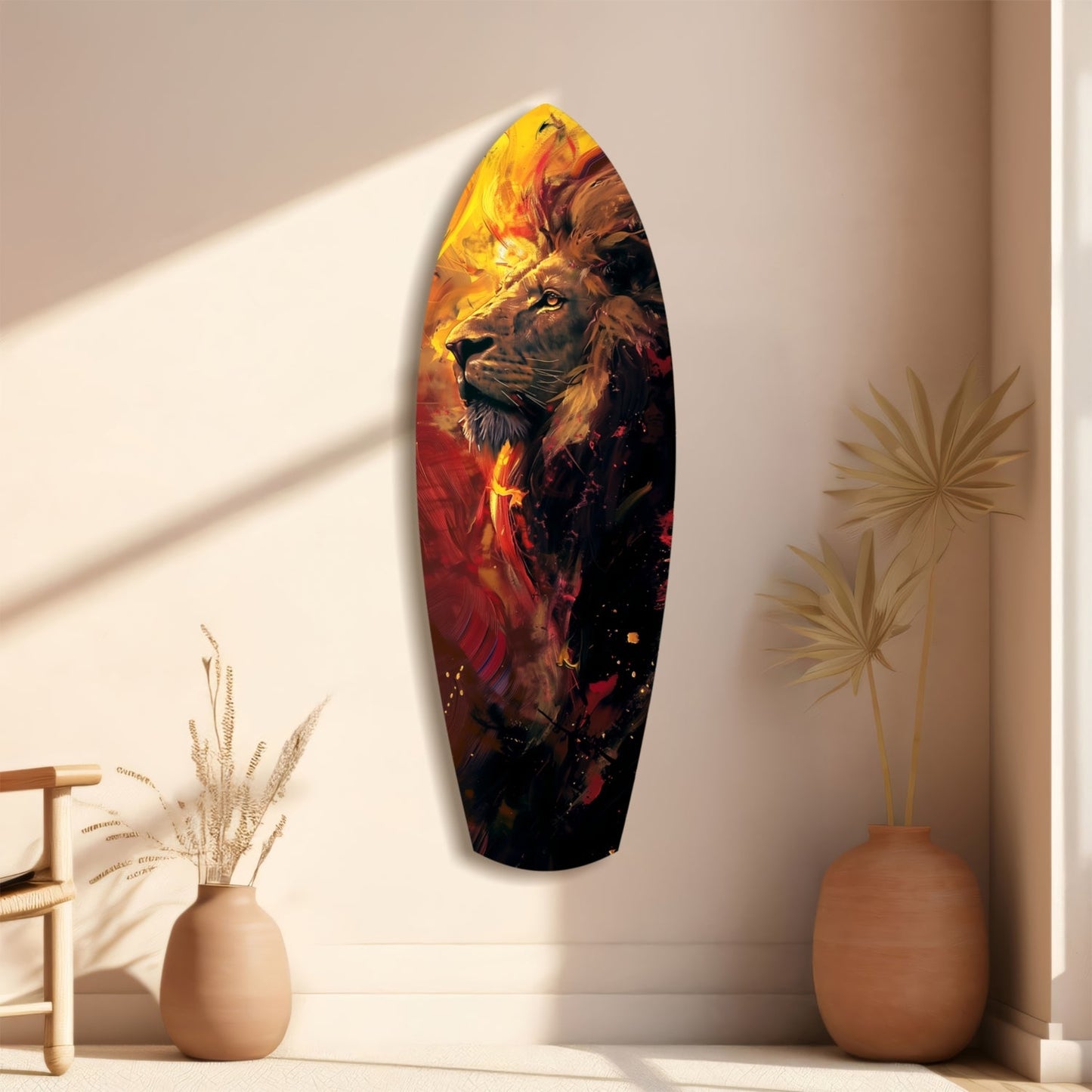 Lion Pride V6 glass wall art displayed vertically on beige wall, featuring fiery orange and red lion portrait with warm sunlight casting shadows nearby.