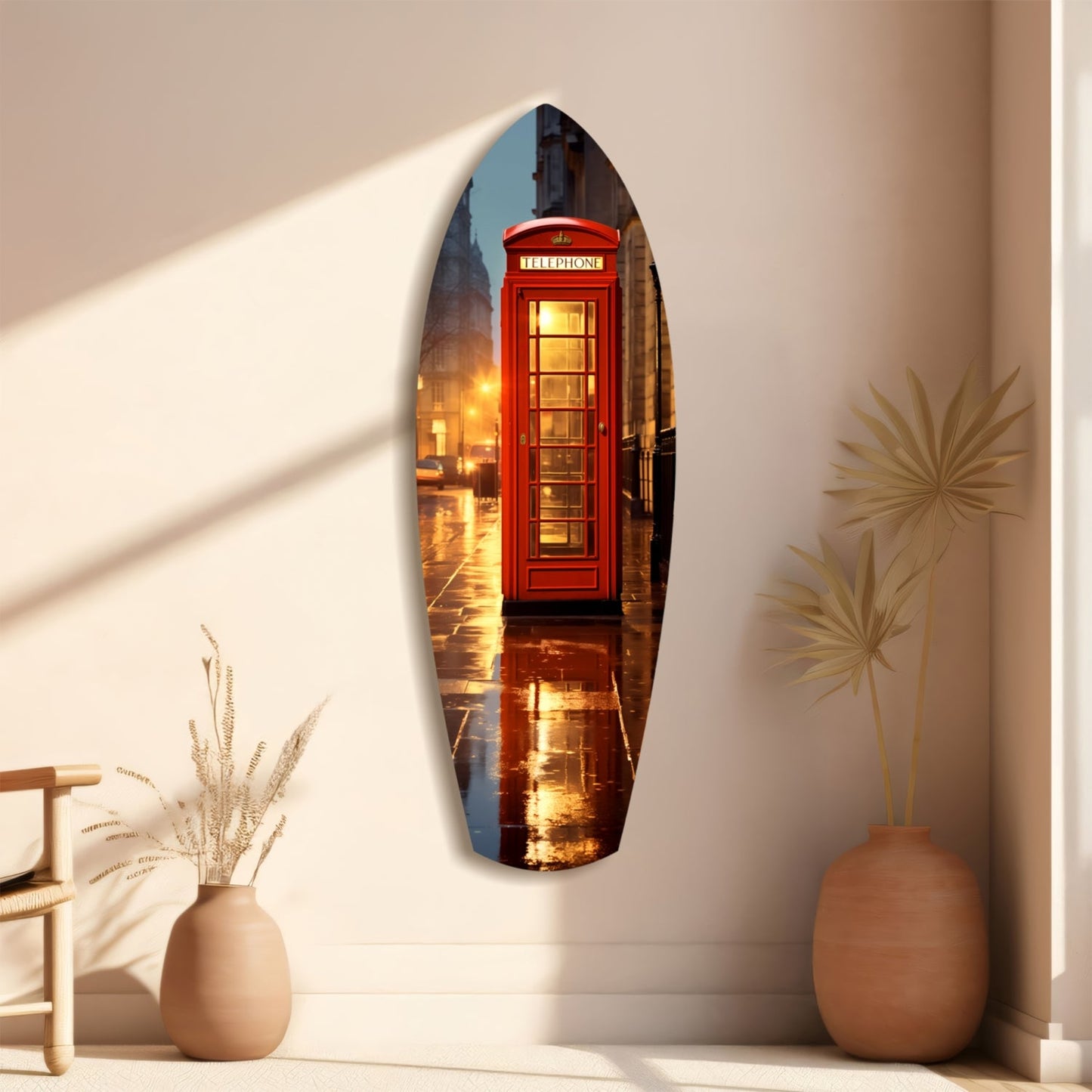 Oval glass wall art depicting a glowing red British telephone booth on a wet London street, displayed in a minimalist interior with terracotta vases and dried grasses.