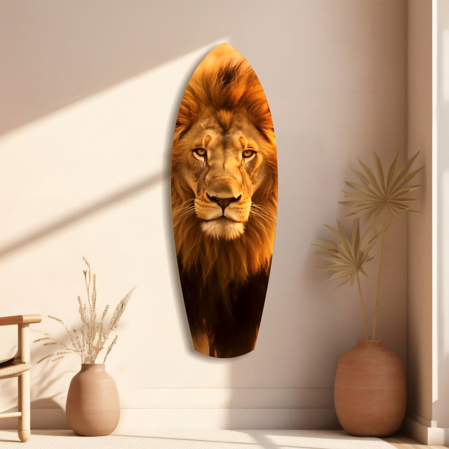 Mr Lion Glass Wall Art mounted on a beige wall, featuring a golden lion's head portrait with dark gradient base, flanked by decorative ceramic vases and dried botanicals.