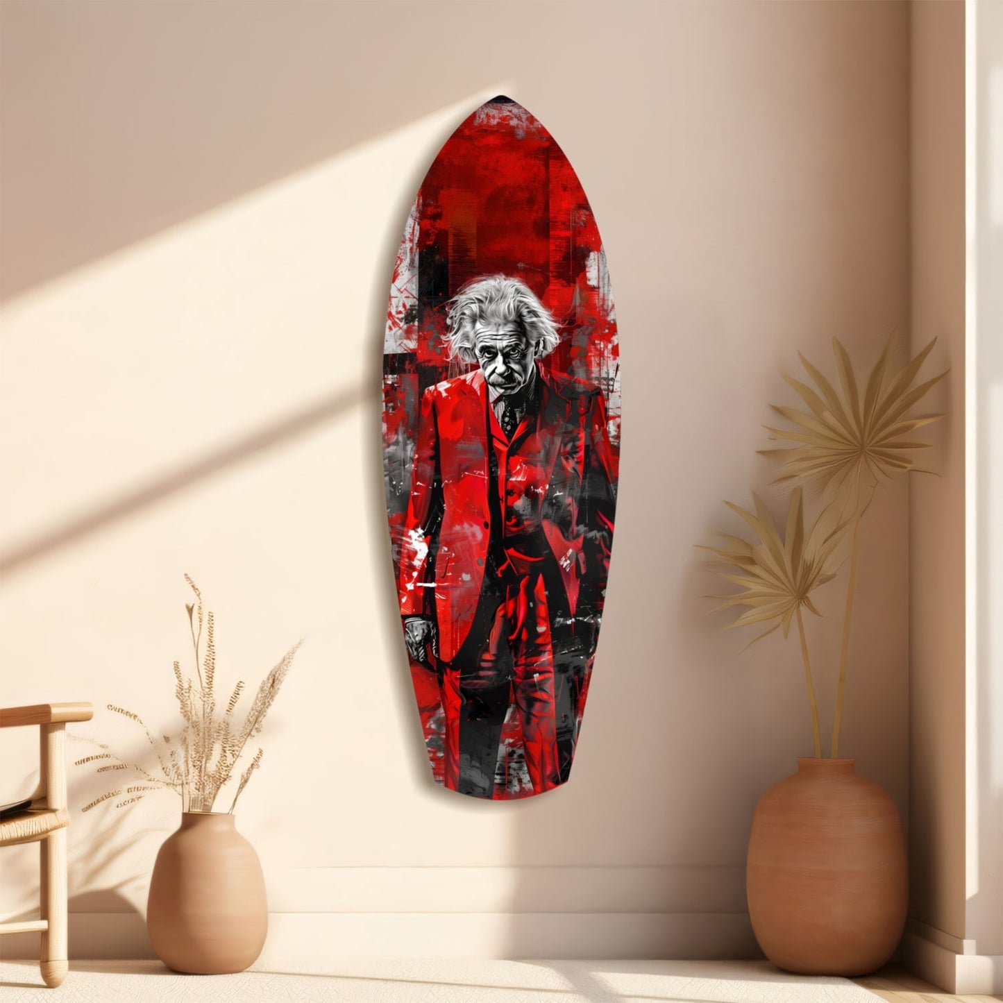 Scarlet Grunge Wild Haired Scientist Surfboard Glass Wall Art
