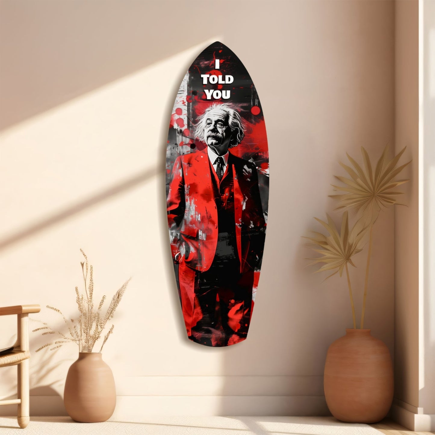 Red and black glass wall art featuring Einstein portrait with "I TOLD YOU" text, displayed on beige wall beside decorative vases.