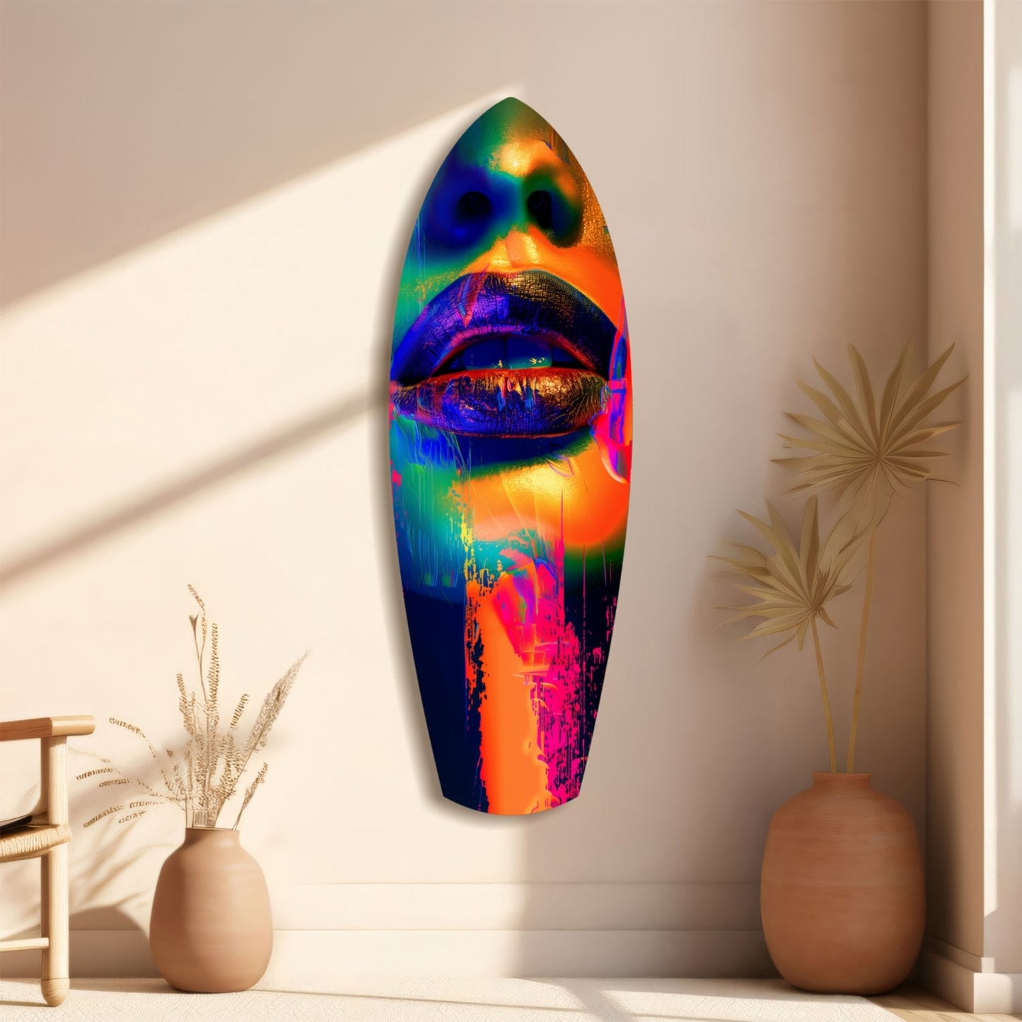 Colorful Lips V6 glass wall art mounted vertically on beige wall, displaying vibrant rainbow gradient with blue, green, orange, pink and purple tones, flanked by neutral ceramic vases and dried botanicals.