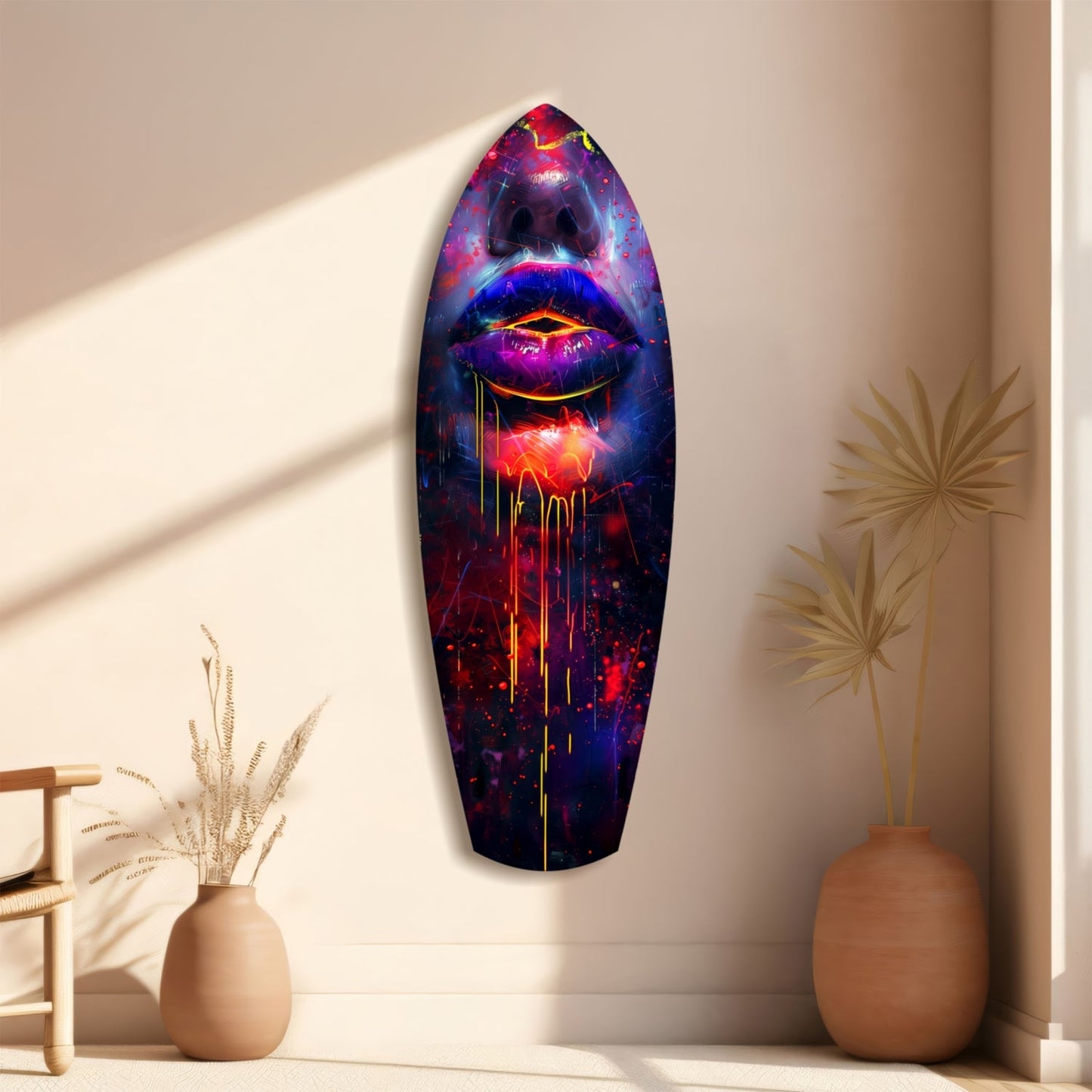 Colorful Lips V10 glass wall art mounted on beige wall beside ceramic vases with dried flowers, featuring vibrant purple, blue, and red neon-style lip design.