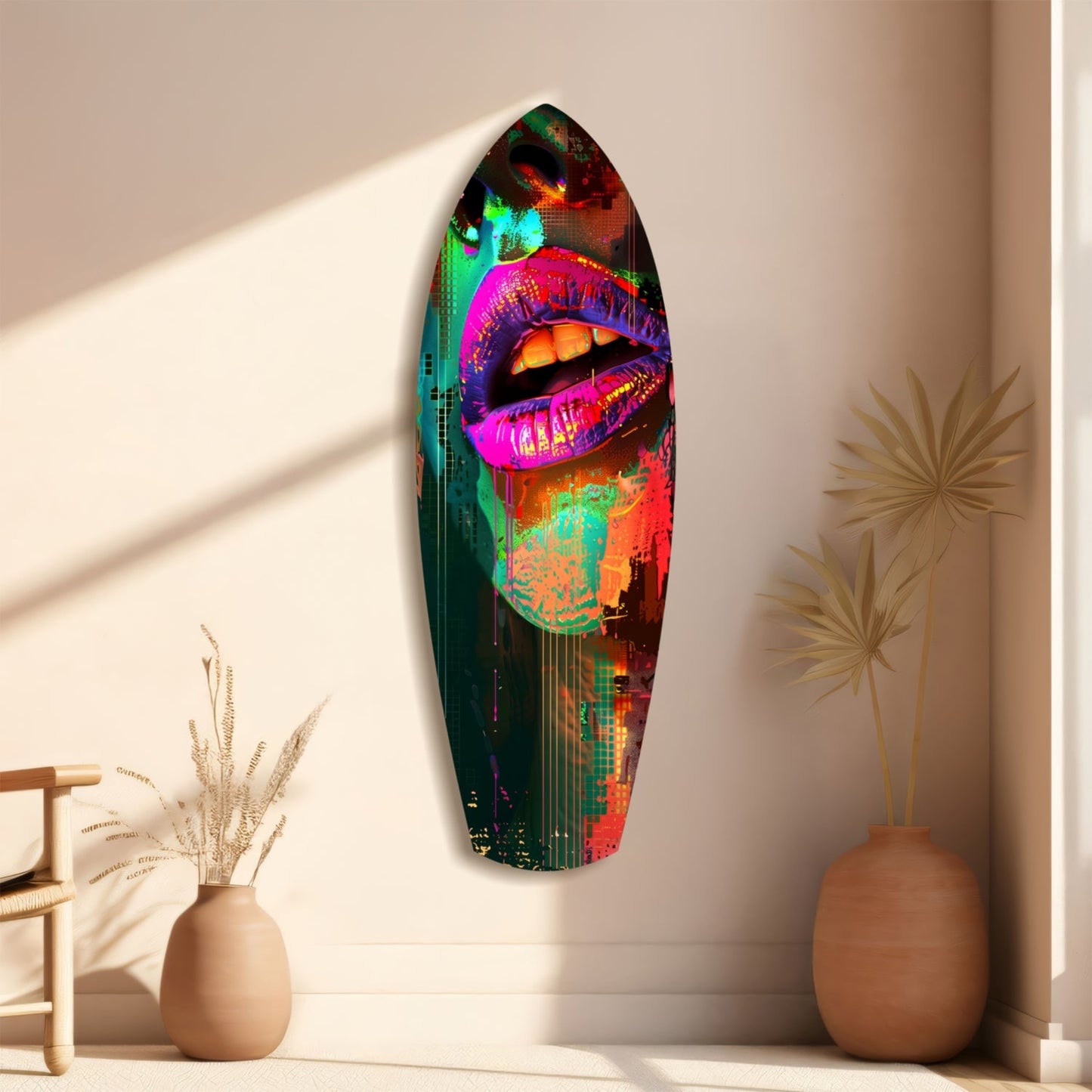 Neon pop art glass wall art featuring colorful lips displayed vertically in minimalist room with dried plants and ceramic vases.
